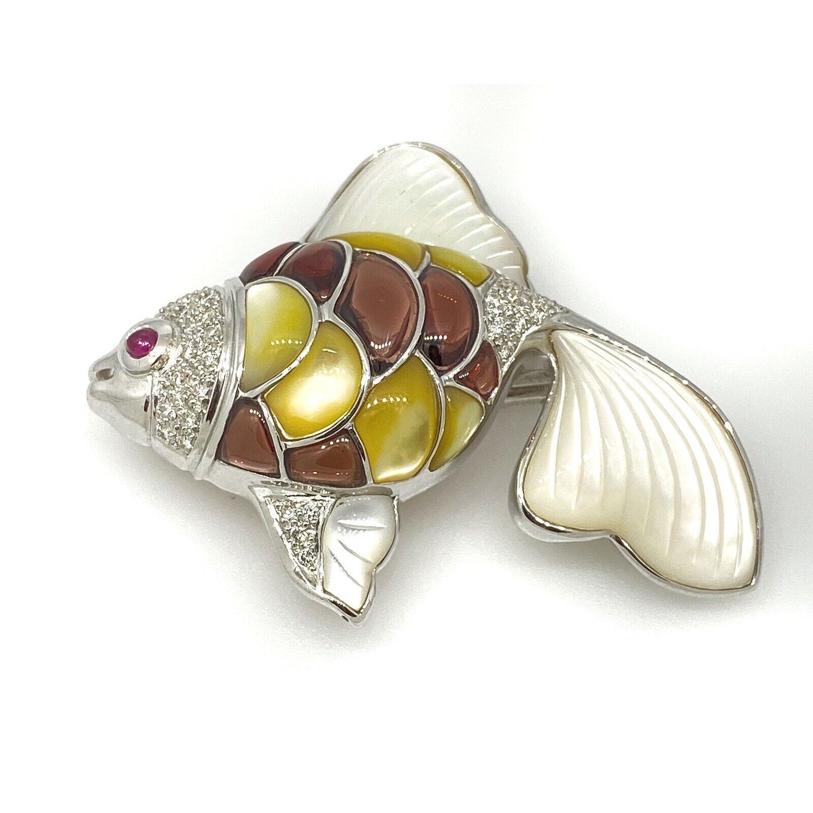 Diamond, Garnet, Mother of Pearl Fish Pin/Pendant in 18k White Gold