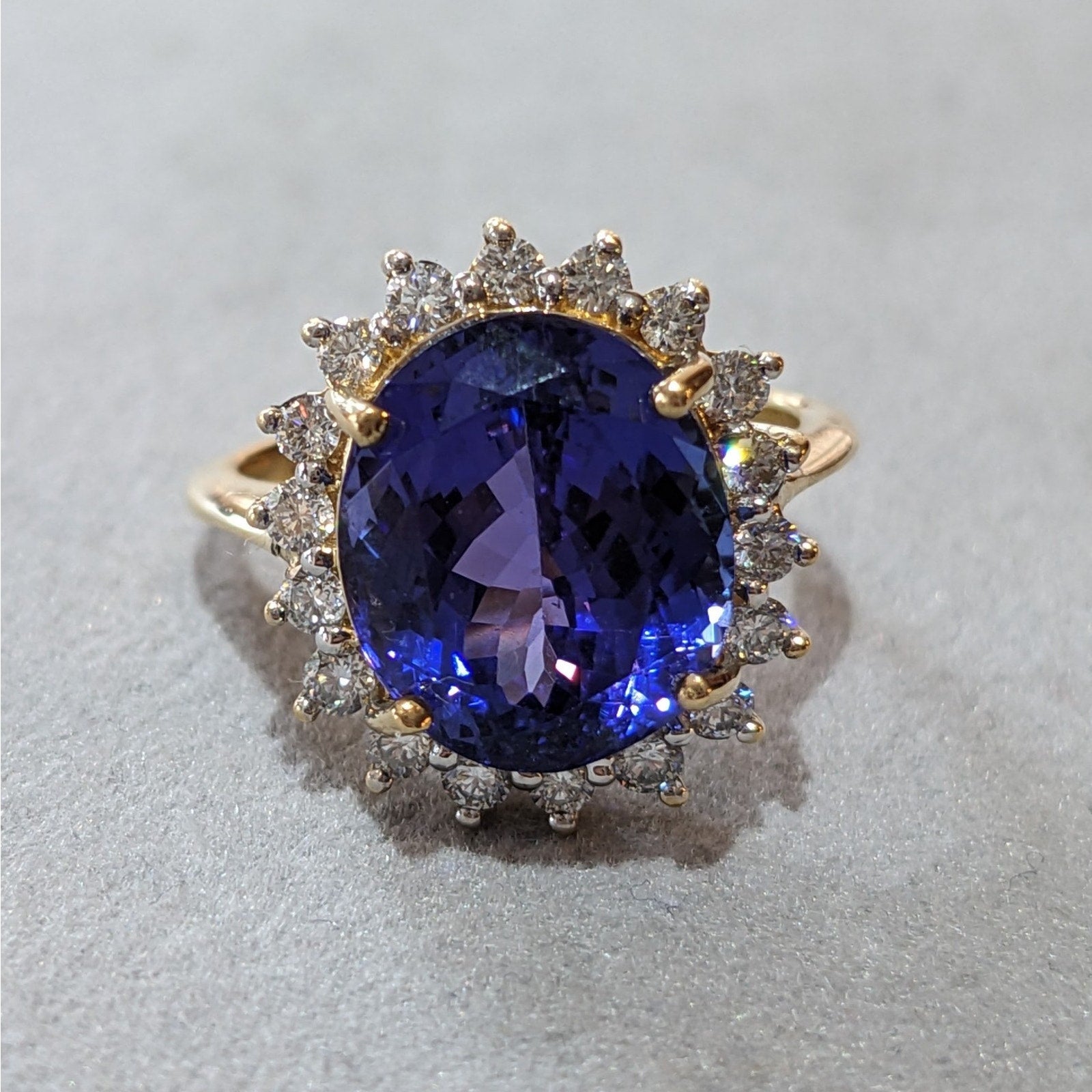 Estate 5cts Oval Tanzanite Ring with Halo Diamonds in 18k Yellow Gold