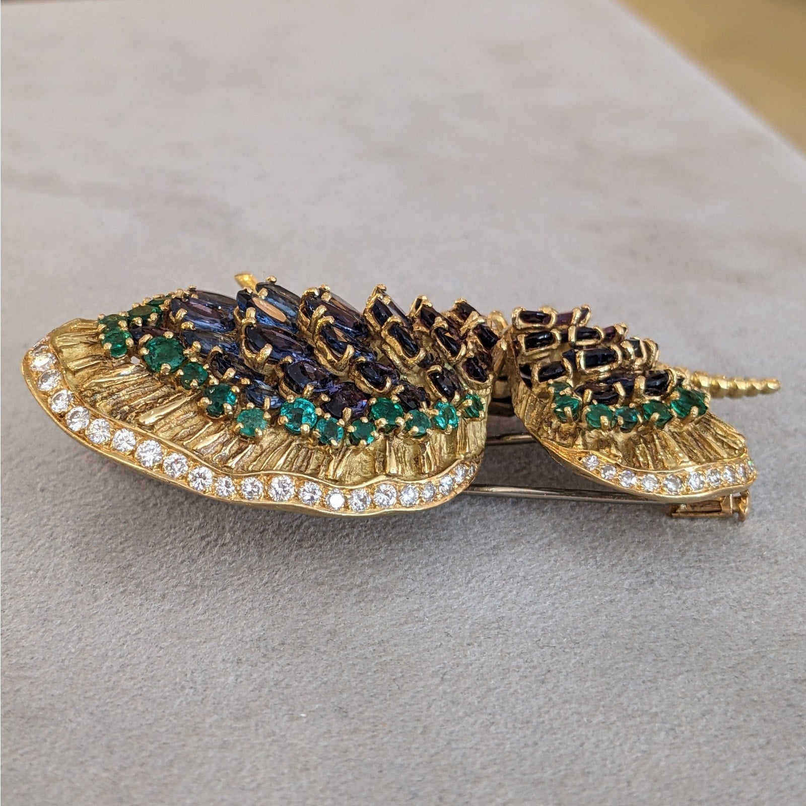 Large Sapphire, Emerald, and Diamond Butterfly Pin in 18k Yellow Gold