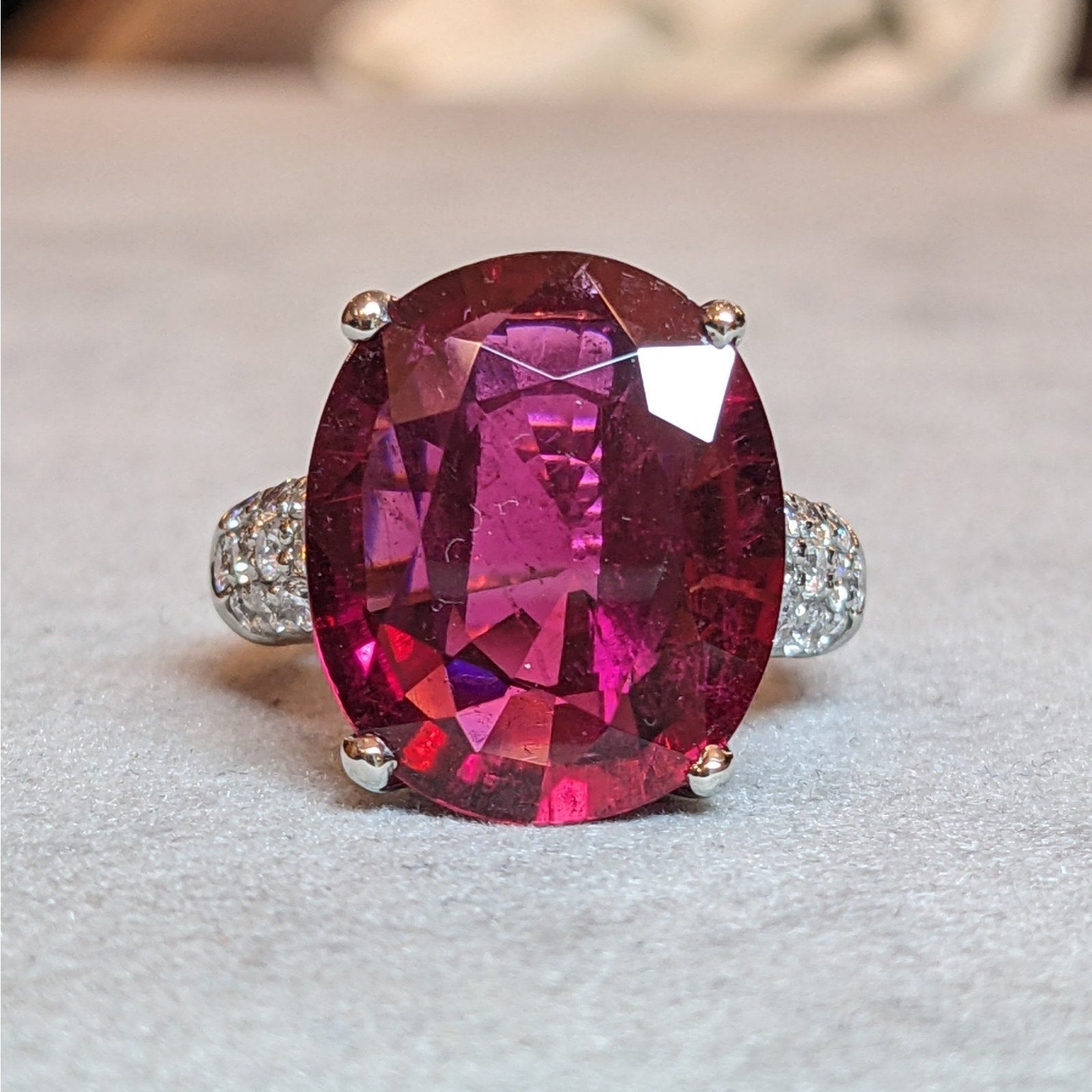 GIA 10.25ct Oval Rubellite Cocktail Ring with Diamonds in Platinum