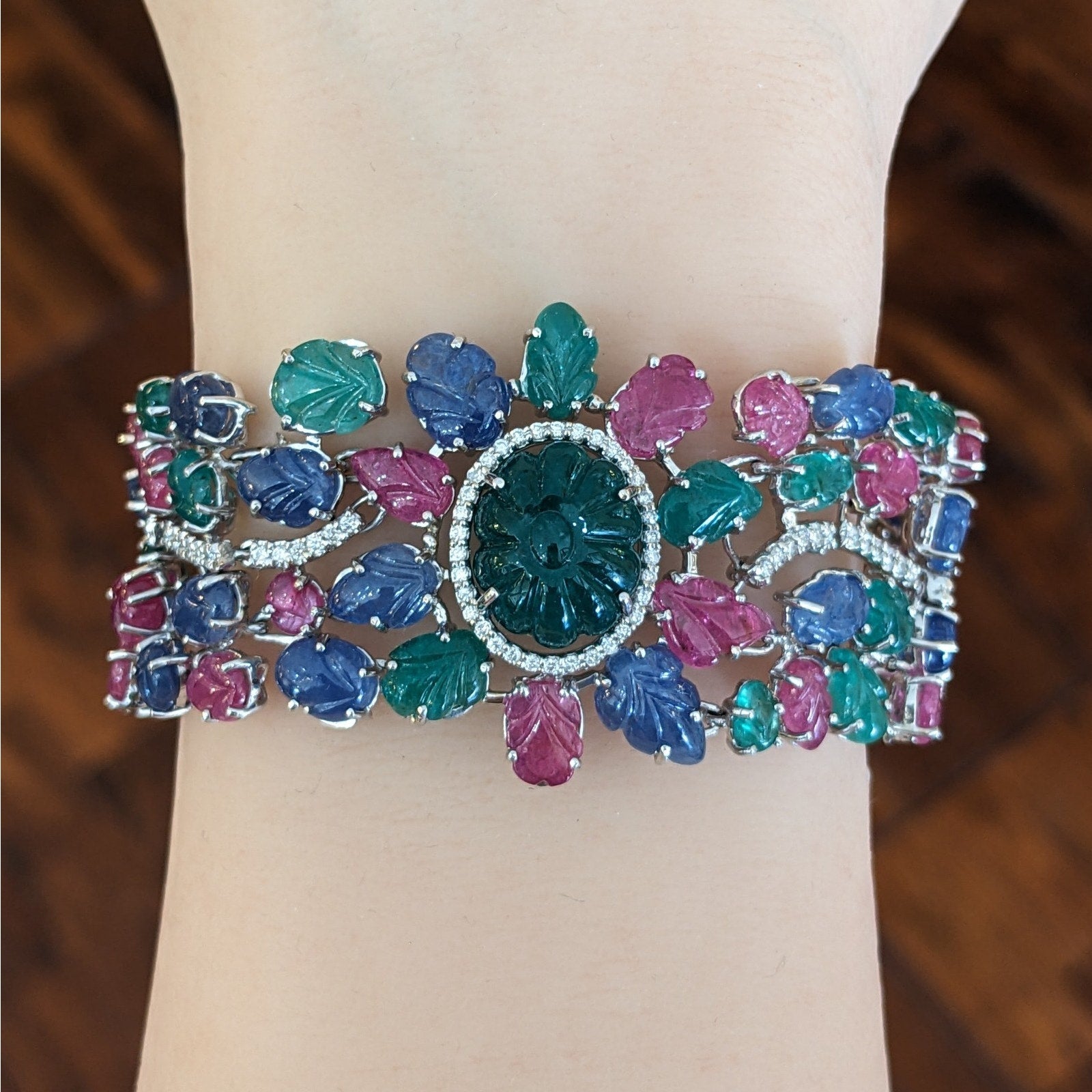 Carved Emerald, Ruby & Sapphire Bracelet with Diamonds in 18k White Gold