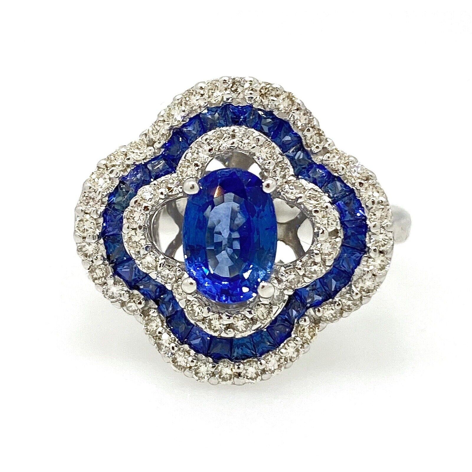 Sapphire and Diamond Clover Design Ring in 18k White Gold