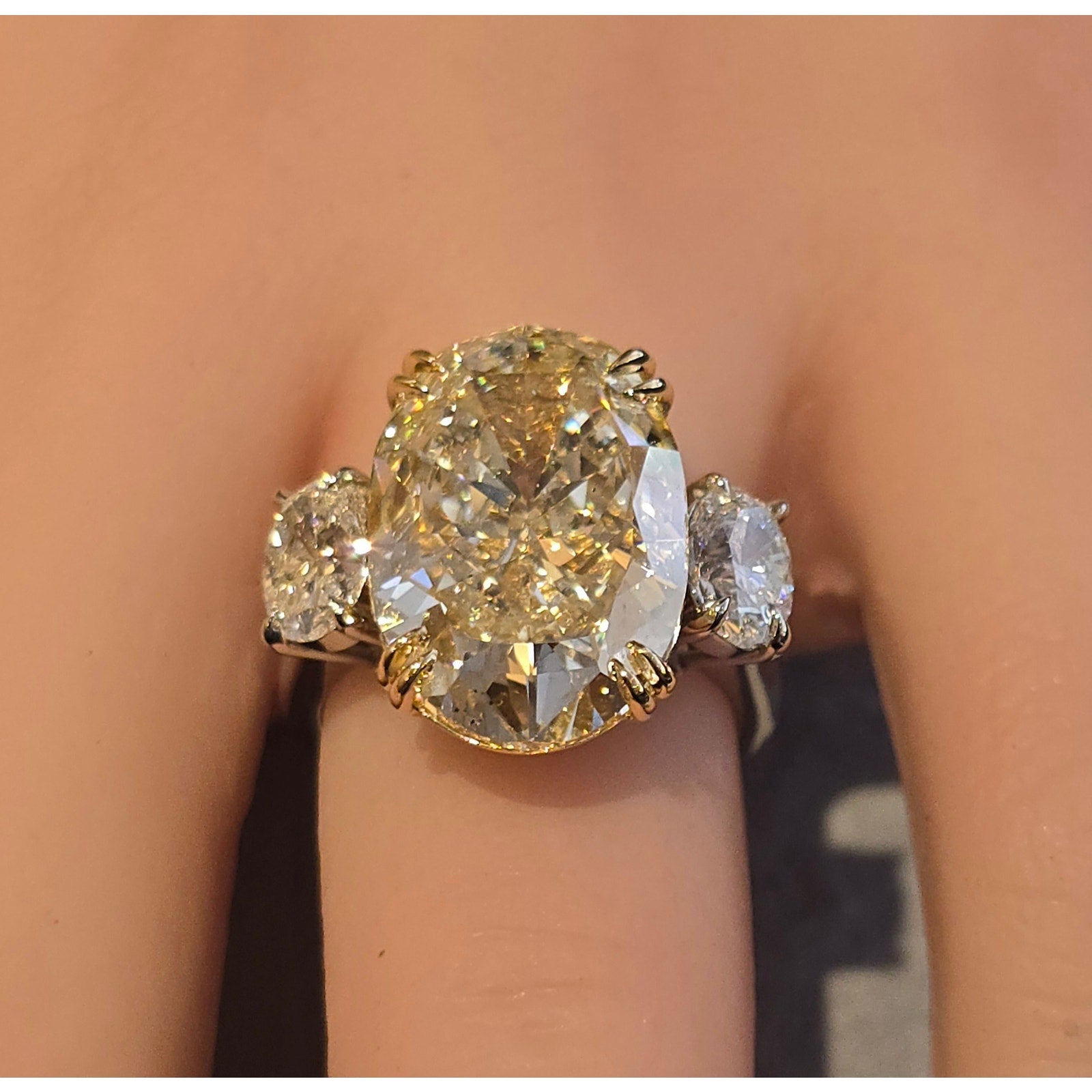 GIA 11.38ct Oval Fancy Light Yellow Diamond 3-Stone Ring in Platinum/ 18K- CF