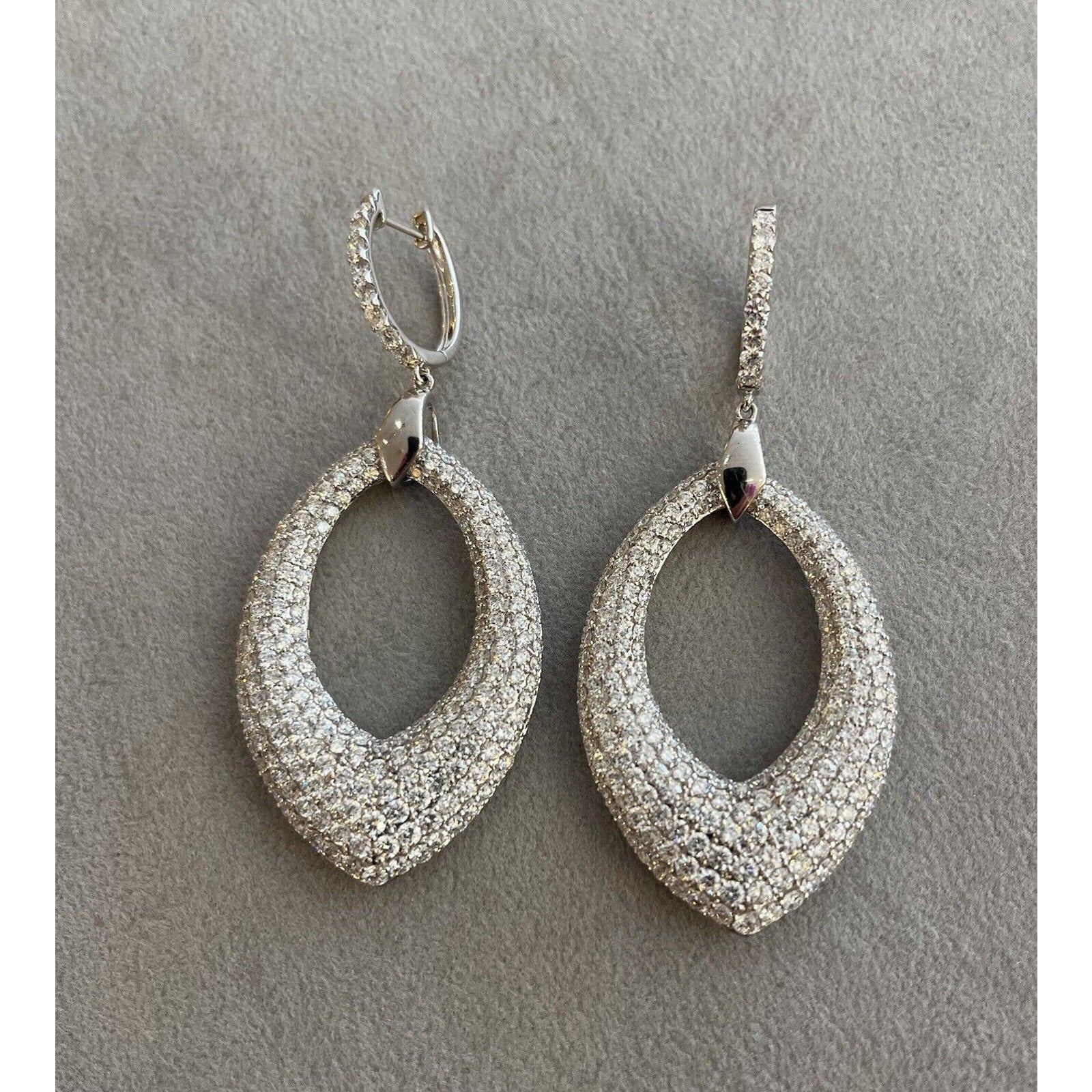 Large Pave Diamond Drop Earrings 10.90 cttw in 18k White Gold