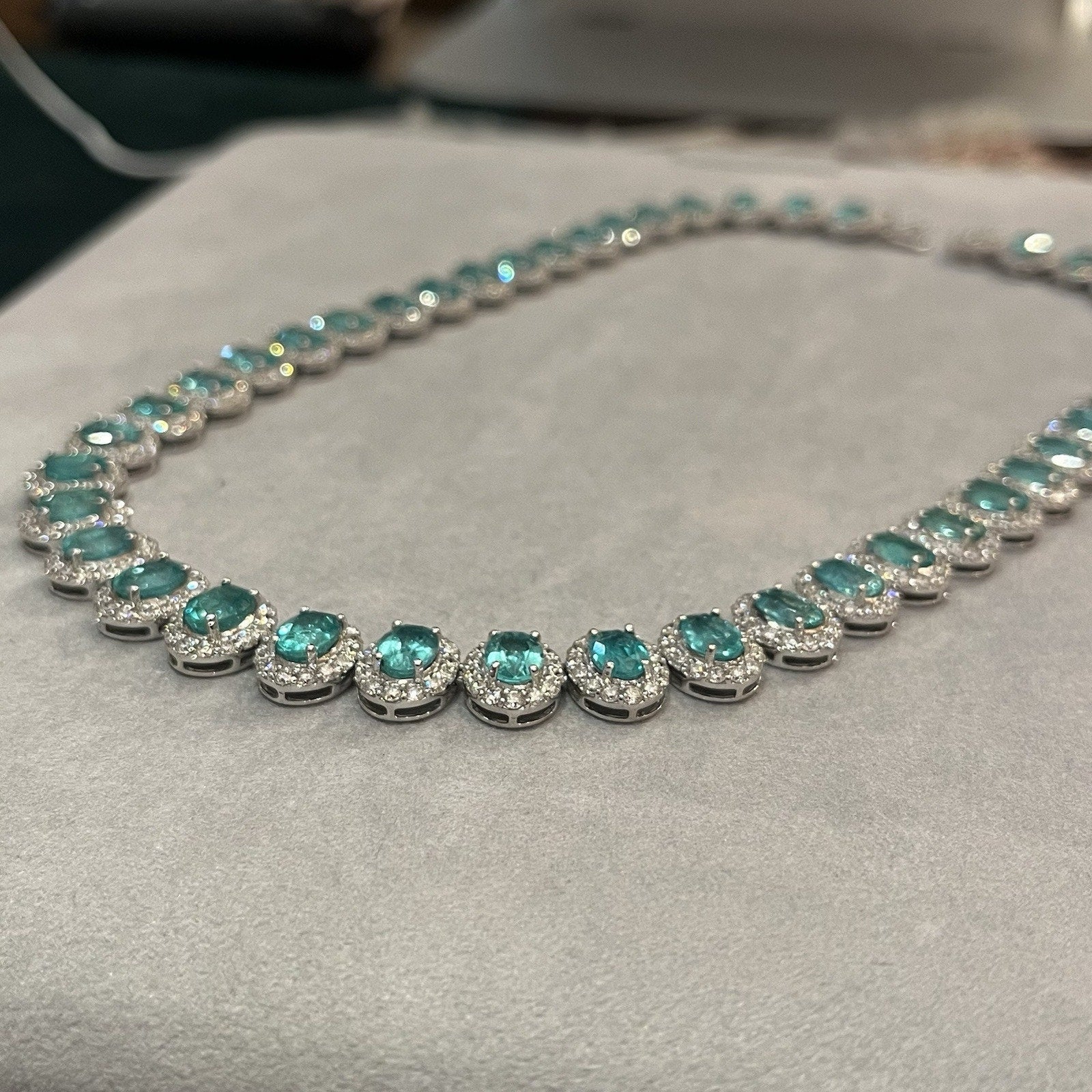 Oval Emerald and Diamond Halo Setting Choker Necklace in 18k White Gold