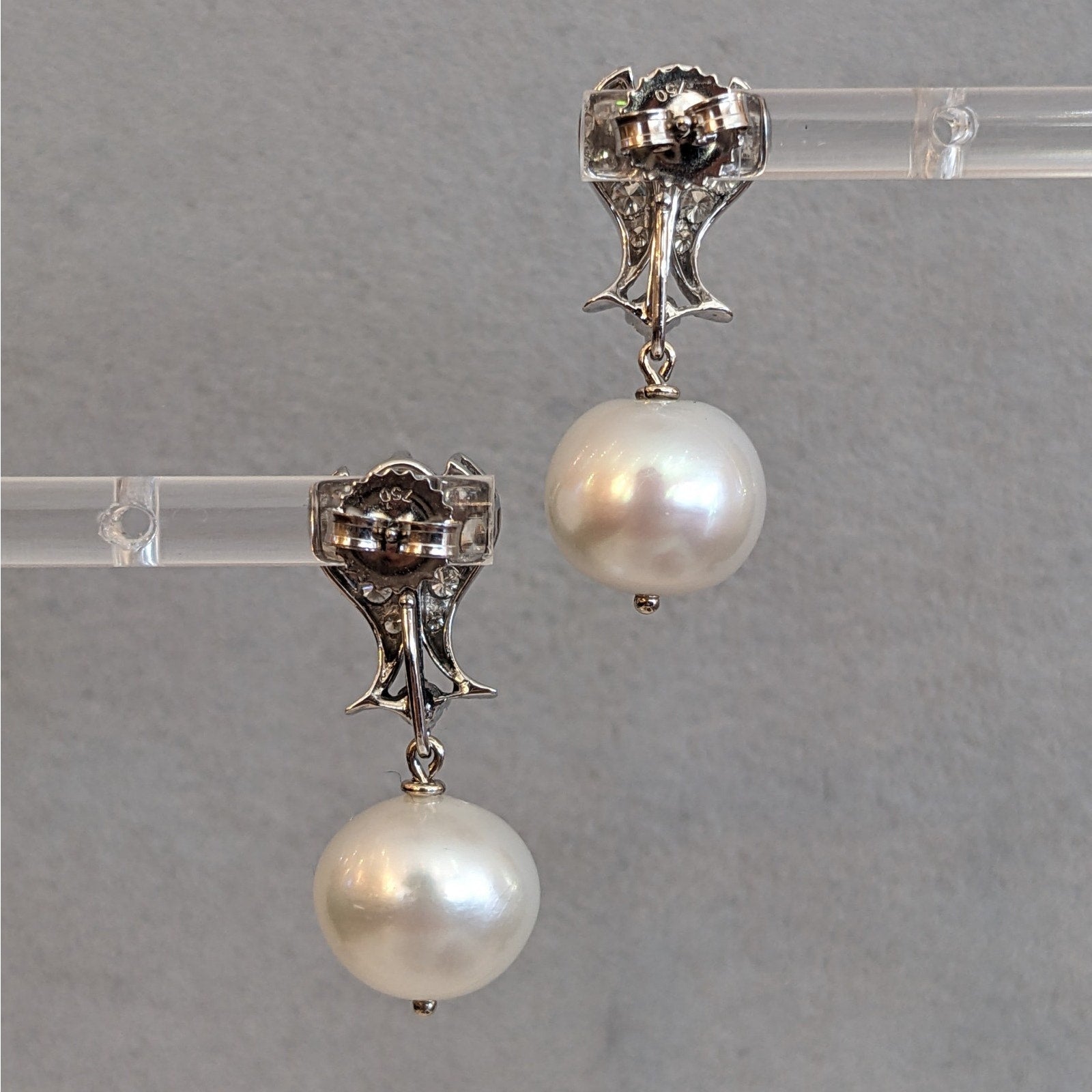 Vintage Diamond Dangle Earrings with Pearl Drop in 14k White Gold