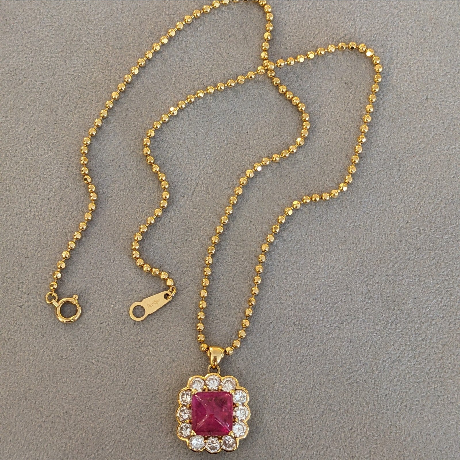 GIA 4.97 ct UnHeated Cabochon Ruby Necklace Halo Diamonds in 18k Yellow Gold