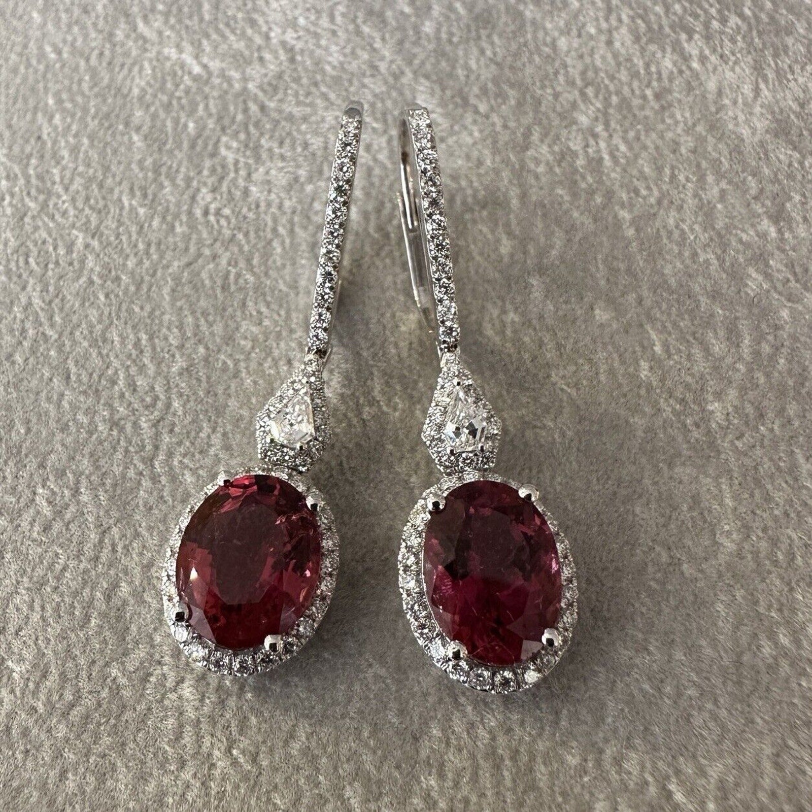 Natural Oval Rubellite and Diamond Drop Earrings in 18k White Gold