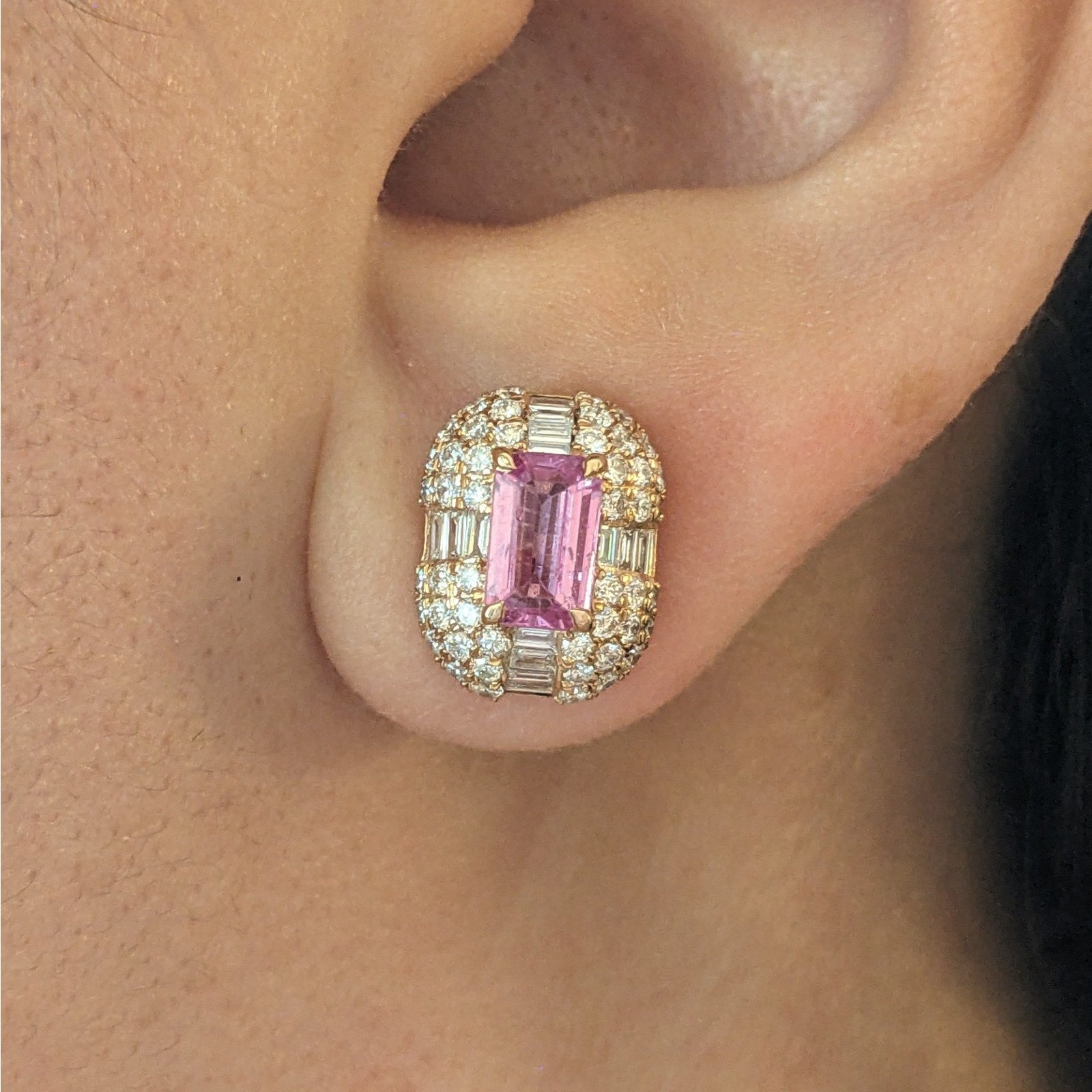 Natural Pink Sapphire & Diamond Earrings in 14k Rose & Yellow Gold