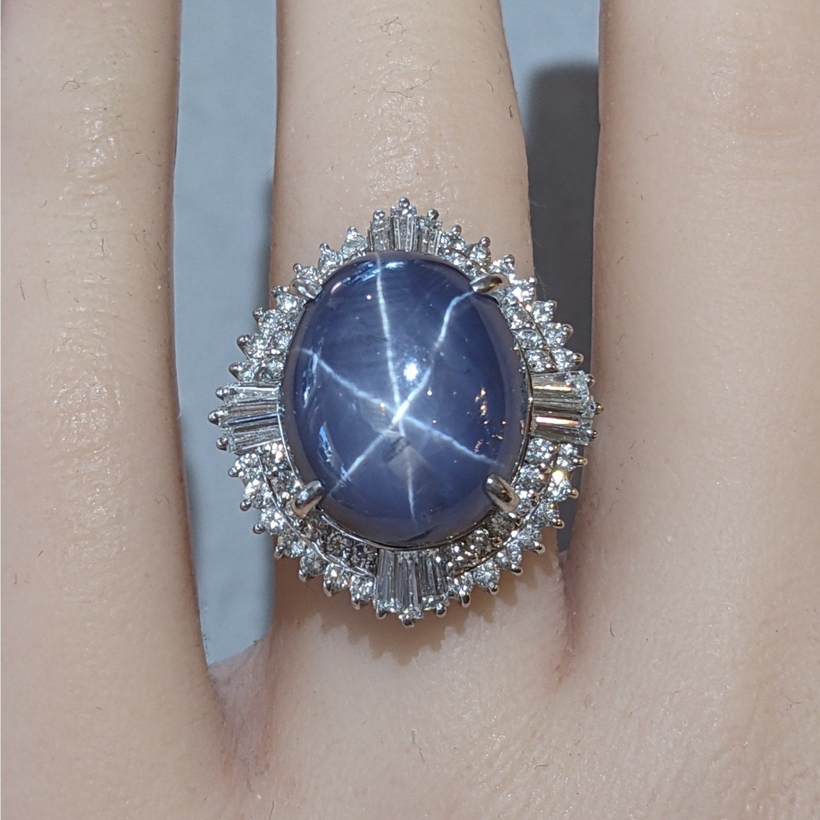 Large 31.52 ct Blue Star Sapphire in Platinum Diamond Ballerina Setting