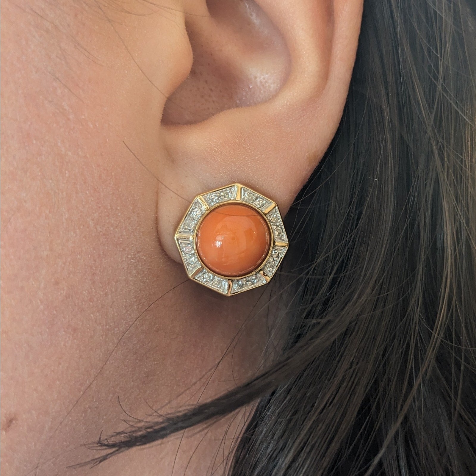 Vintage Coral and Diamond Stud Earrings in 18k Yellow Gold