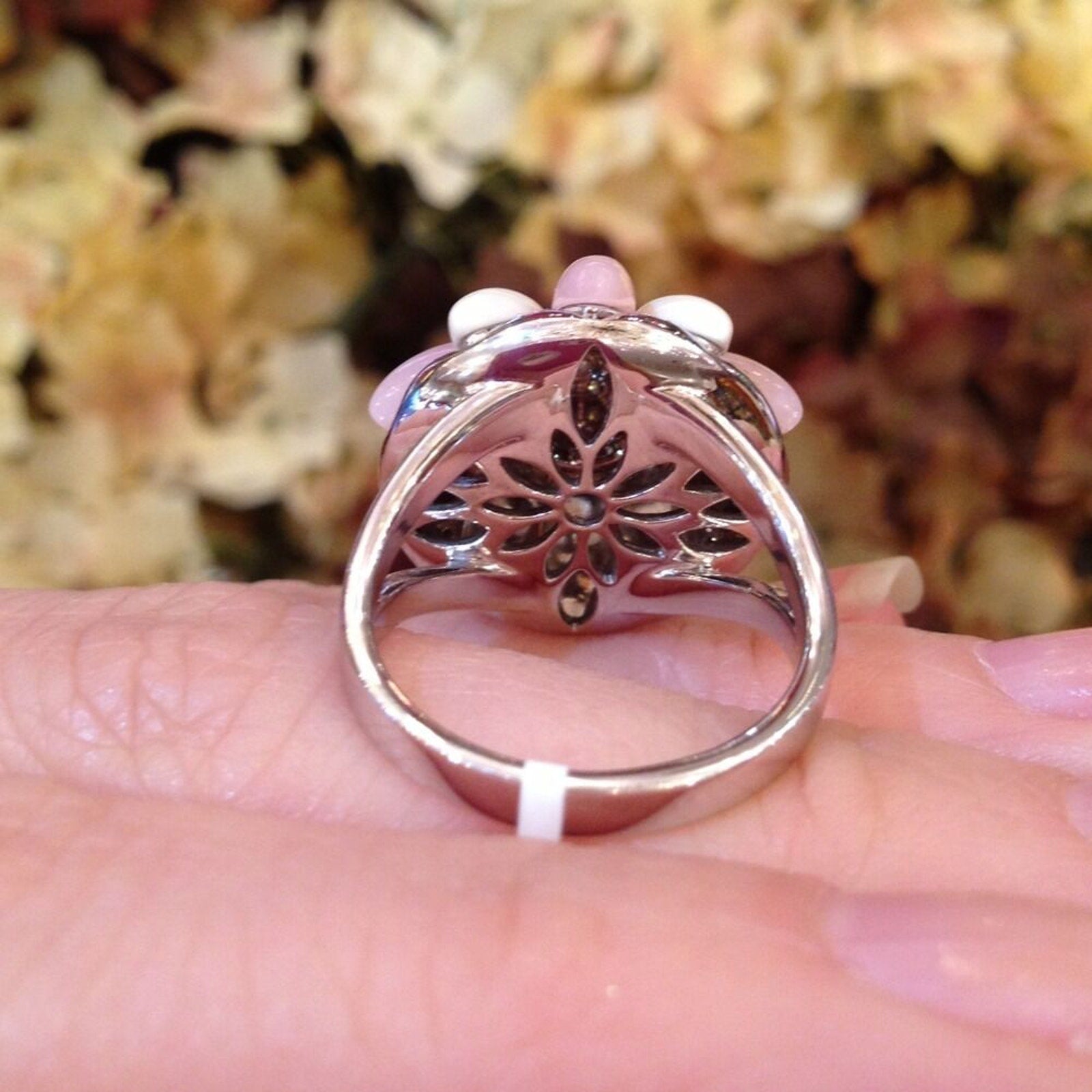 Flower Pave Diamond, Rose Quartz & Enamel Ring 18K White Gold
