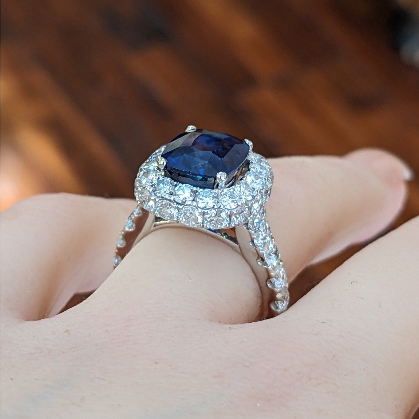 GIA Natural 5.27 ct Cushion Sapphire & Diamond Ring in 18k White Gold - HM2767BR