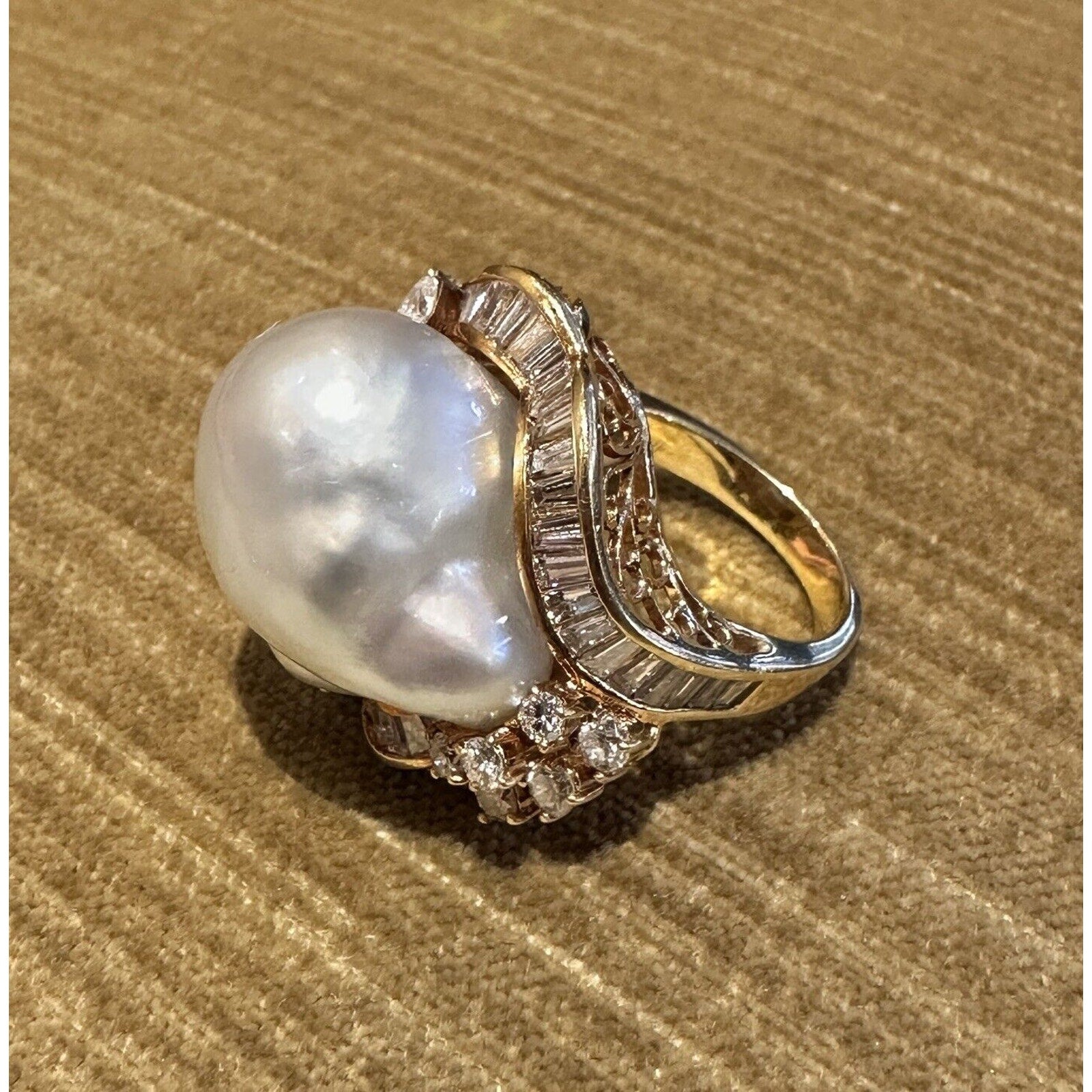 Large Estate Baroque Pearl and Diamond Ring in 18k Yellow Gold