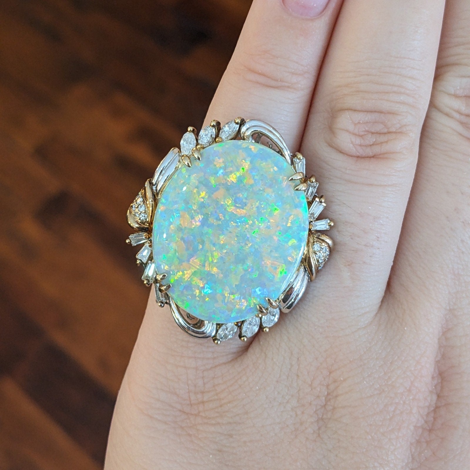 Natural 22.69 ct Opal and Diamond Ring in Platinum and 18k Yellow Gold