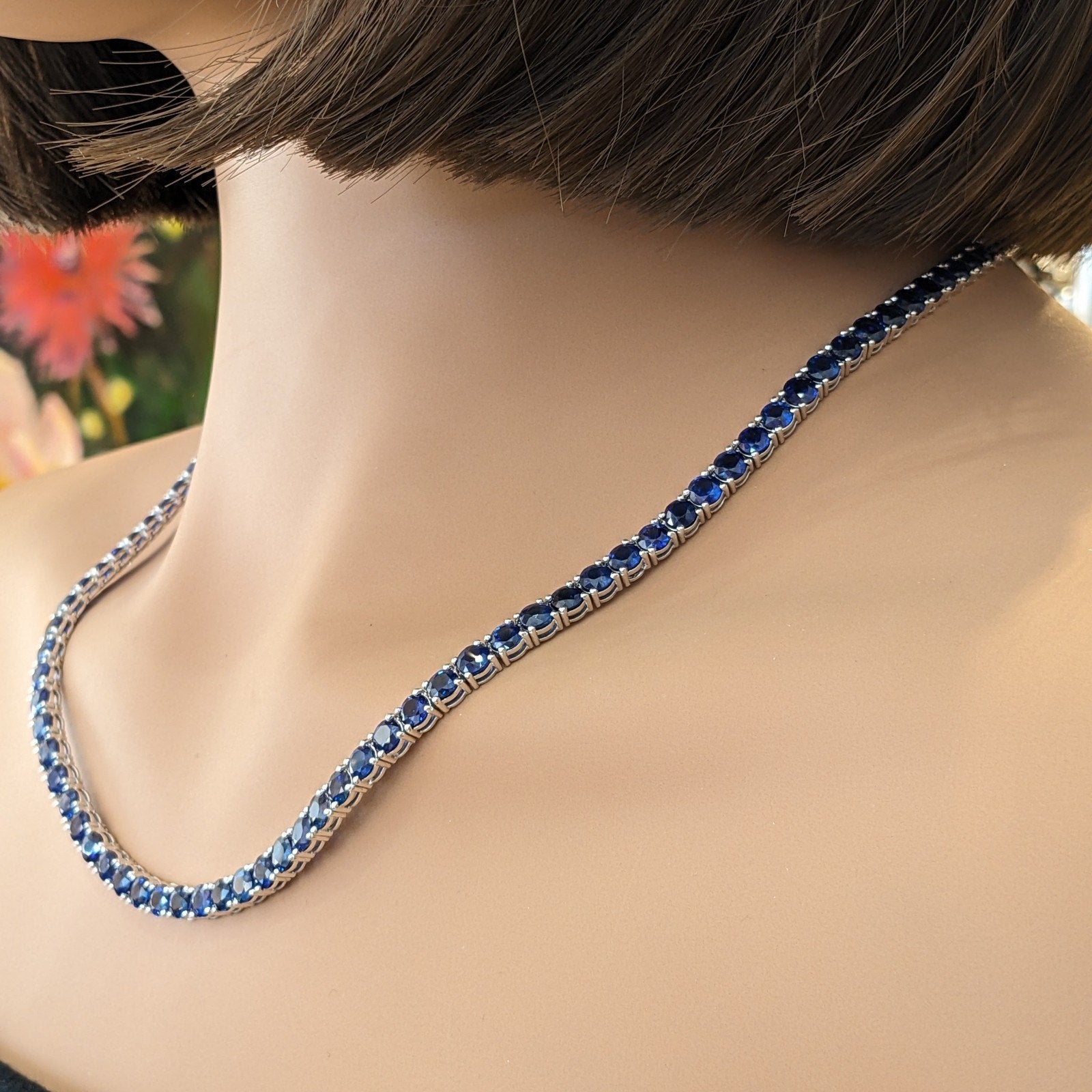 Natural Blue Sapphire Riviera Tennis Necklace 20" long in 14k White Gold
