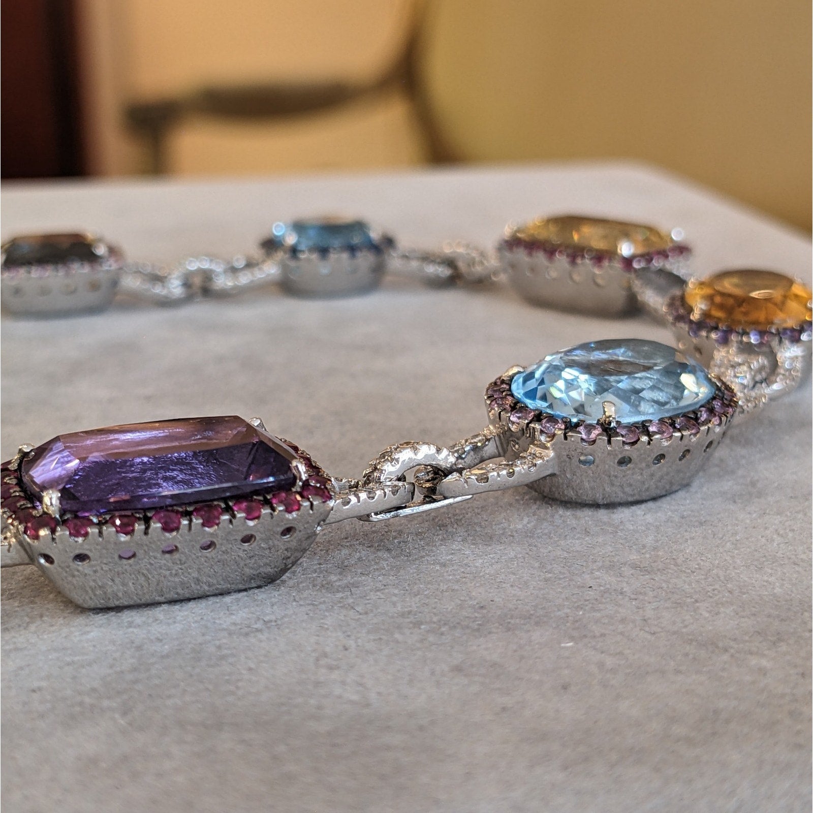 Multi-Color Gemstone Necklace with Diamonds in 18k White Gold