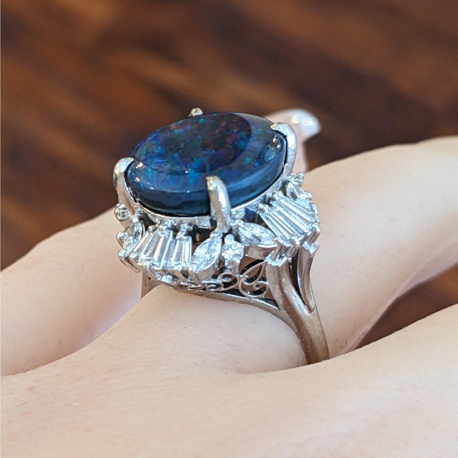 Natural 6.67 ct Black Opal & Diamond Ring in Platinum