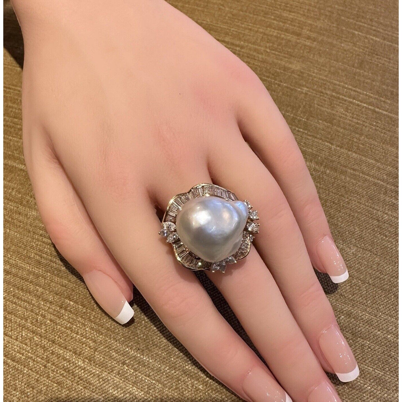 Large Estate Baroque Pearl and Diamond Ring in 18k Yellow Gold