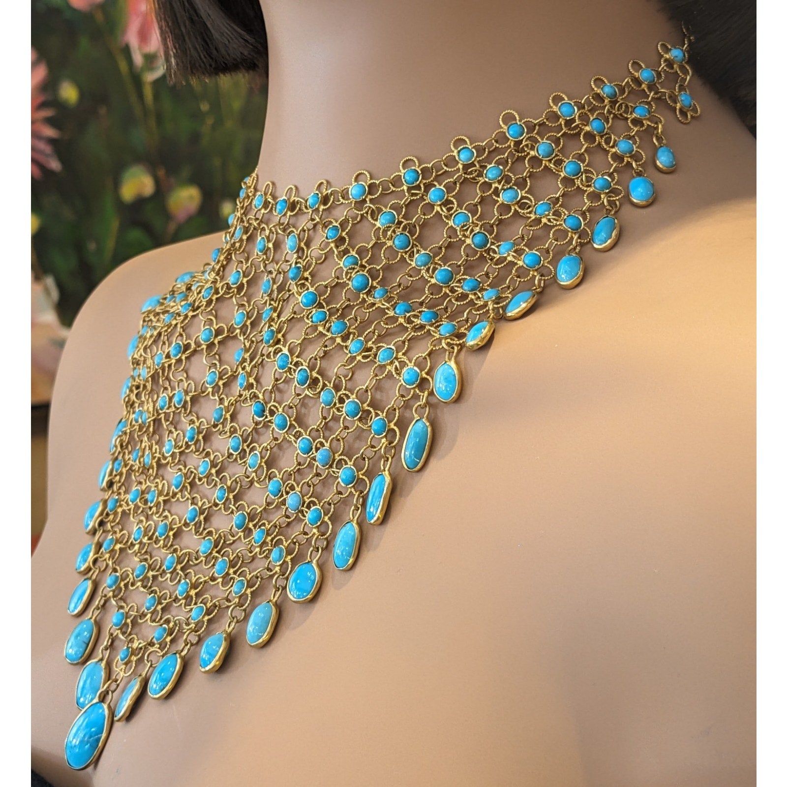 Estate Turquoise Cabochon Bib Necklace in 18k Yellow Gold