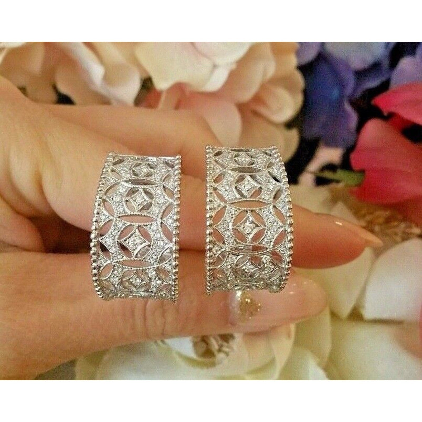 Wide Diamond Openwork Hoop Earrings in Platinum/14k Gold