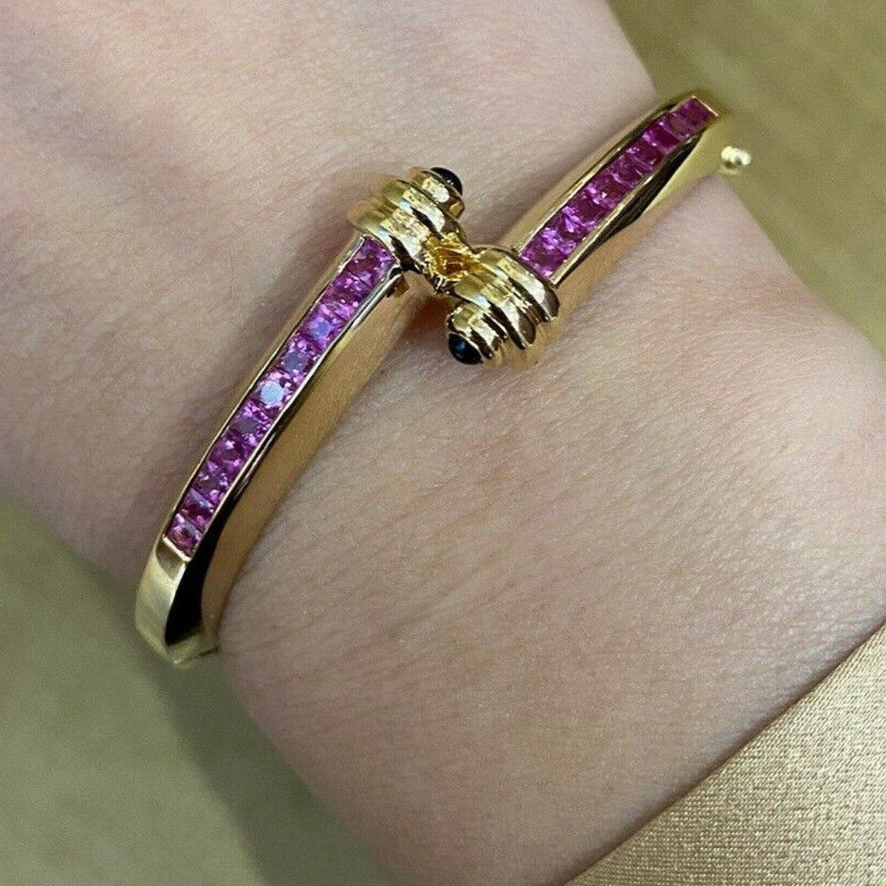 Pink Sapphire Crossover Bangle Bracelet in 18k Yellow Gold