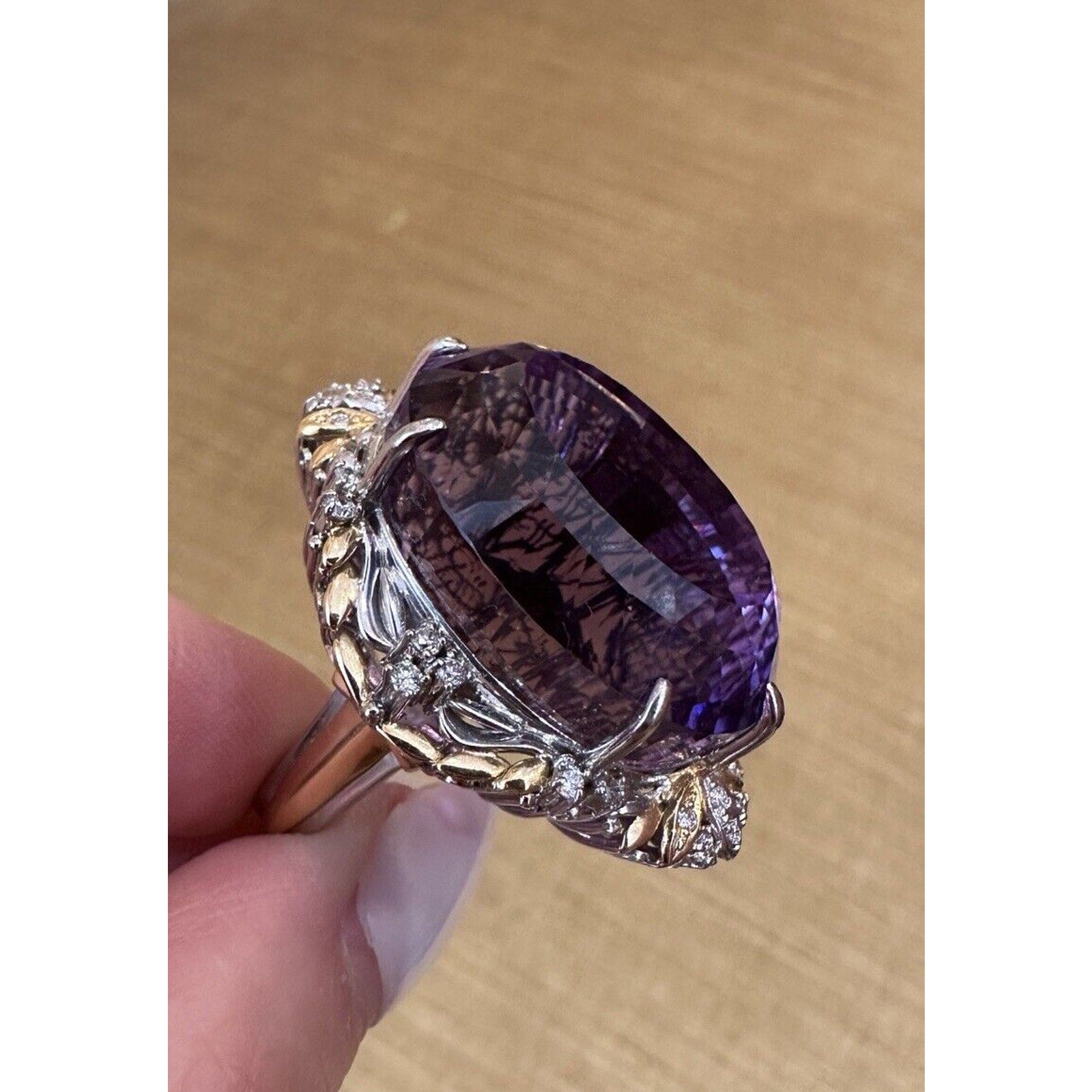 Large Oval Amethyst Ring 62.33 ct with Diamonds in Platinum and Gold