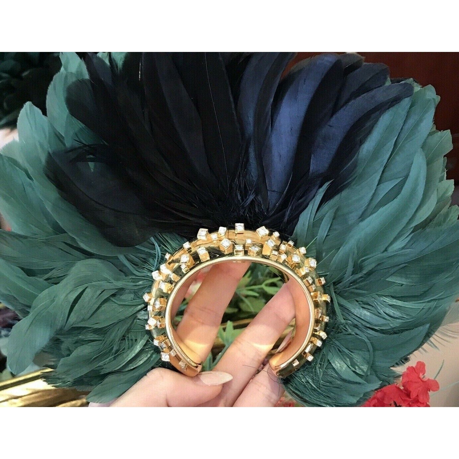 Wilfredo Rosado Diamond and Feather Array Cuff Bracelet in18k Yellow Gold