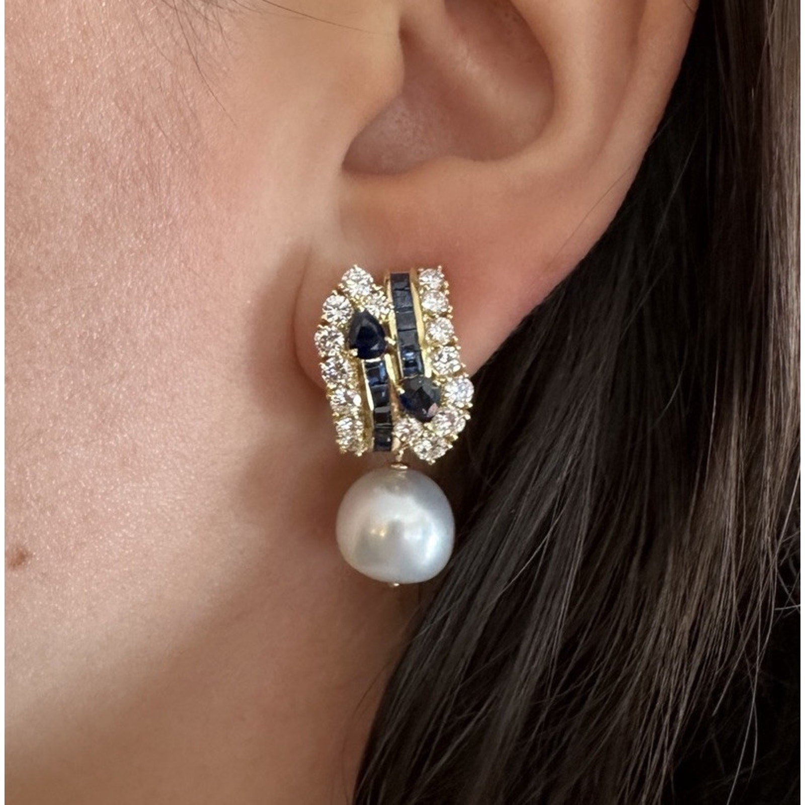 Natural Sapphire and Diamond Earring with Pearl Drop in 18k Yellow Gold