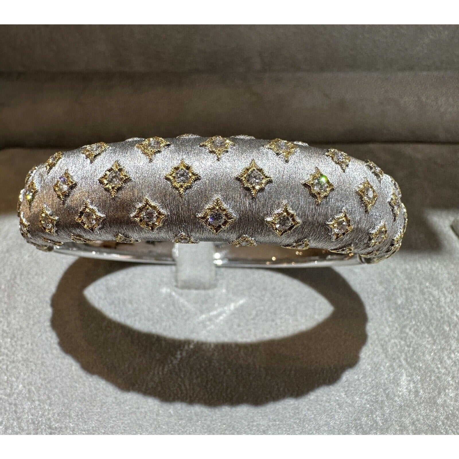 Wide Diamond Bangle Bracelet in Textured 18k White and Yellow Gold