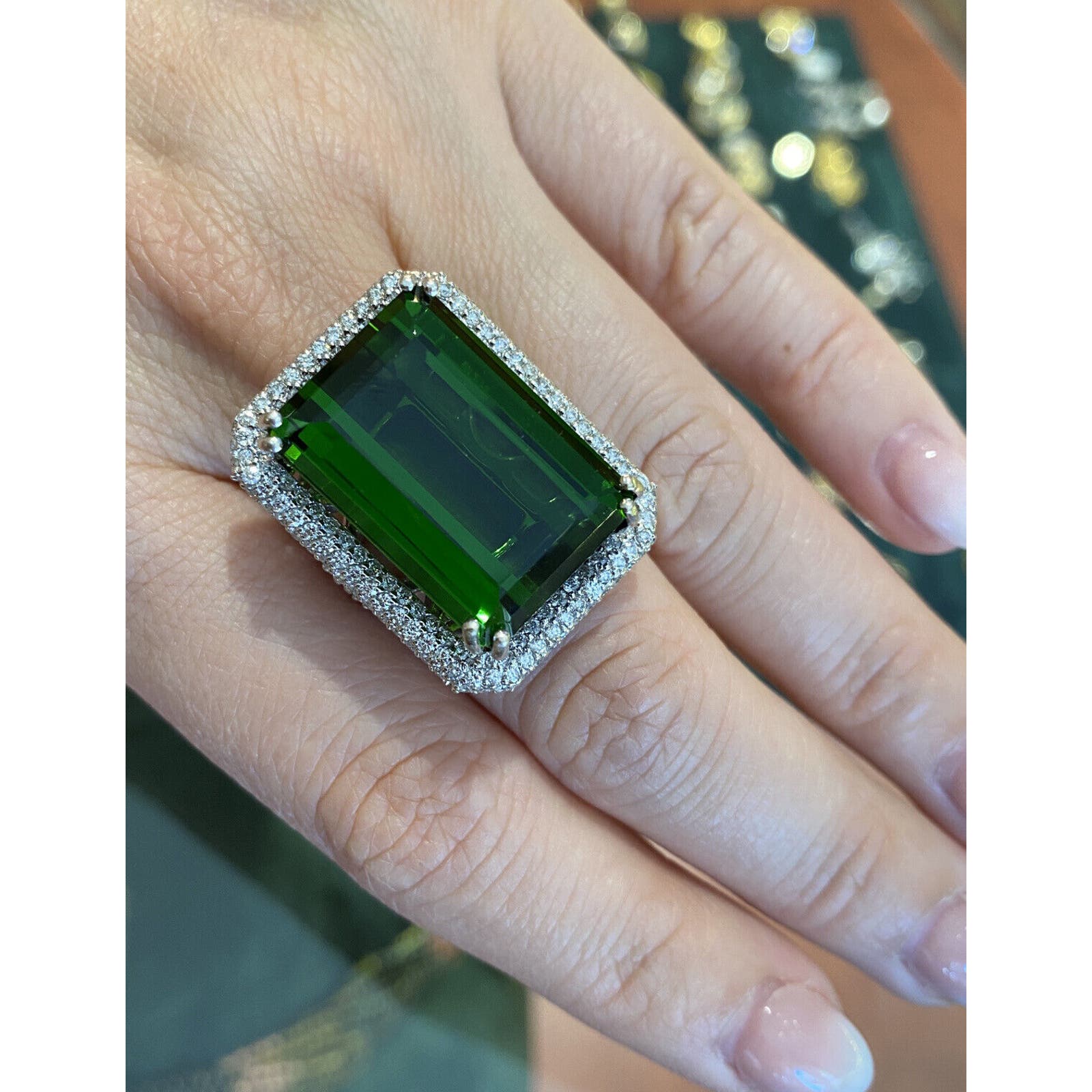 GIA 40.87 ct Green Tourmaline in Pave Diamond Ring 18k White Gold- HM2363VE