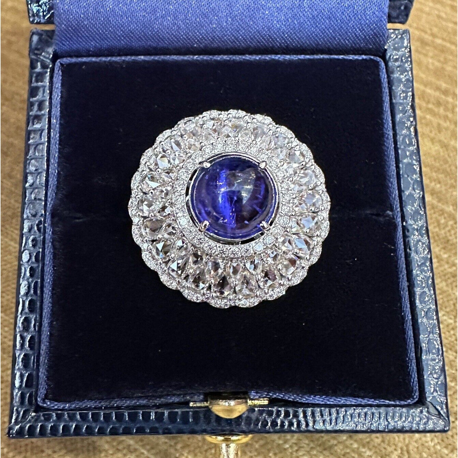 Tanzanite Cabochon and Rosecut Diamond Ring in 18k White Gold