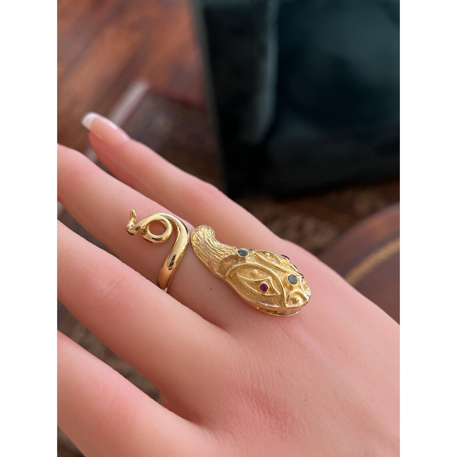 Lalalounis Snake Ring with Ruby and Emeralds in 18k Yellow Gold