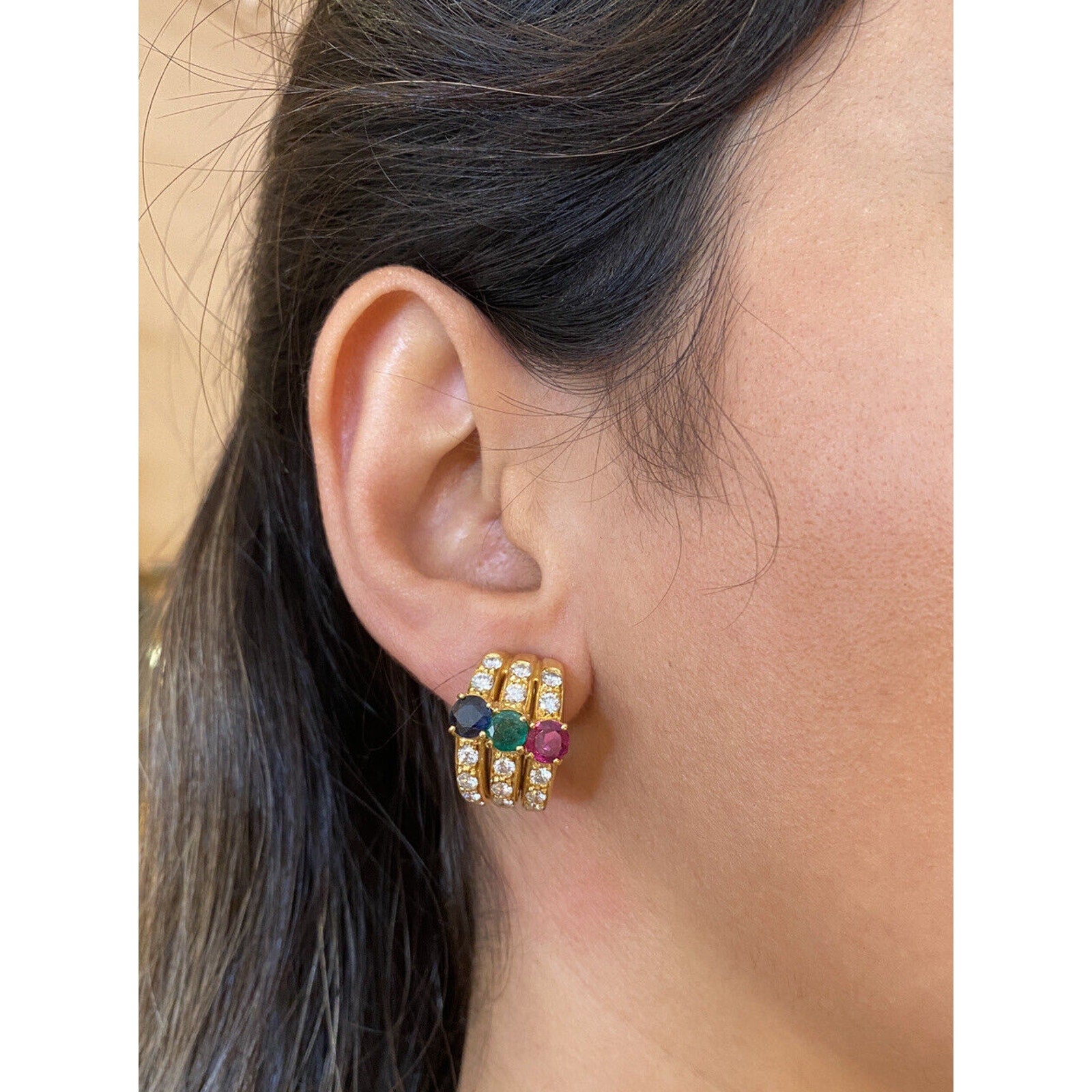 Diamond, Ruby, Emerald, Sapphire Half Hoop Earrings in 18k Yellow Gold