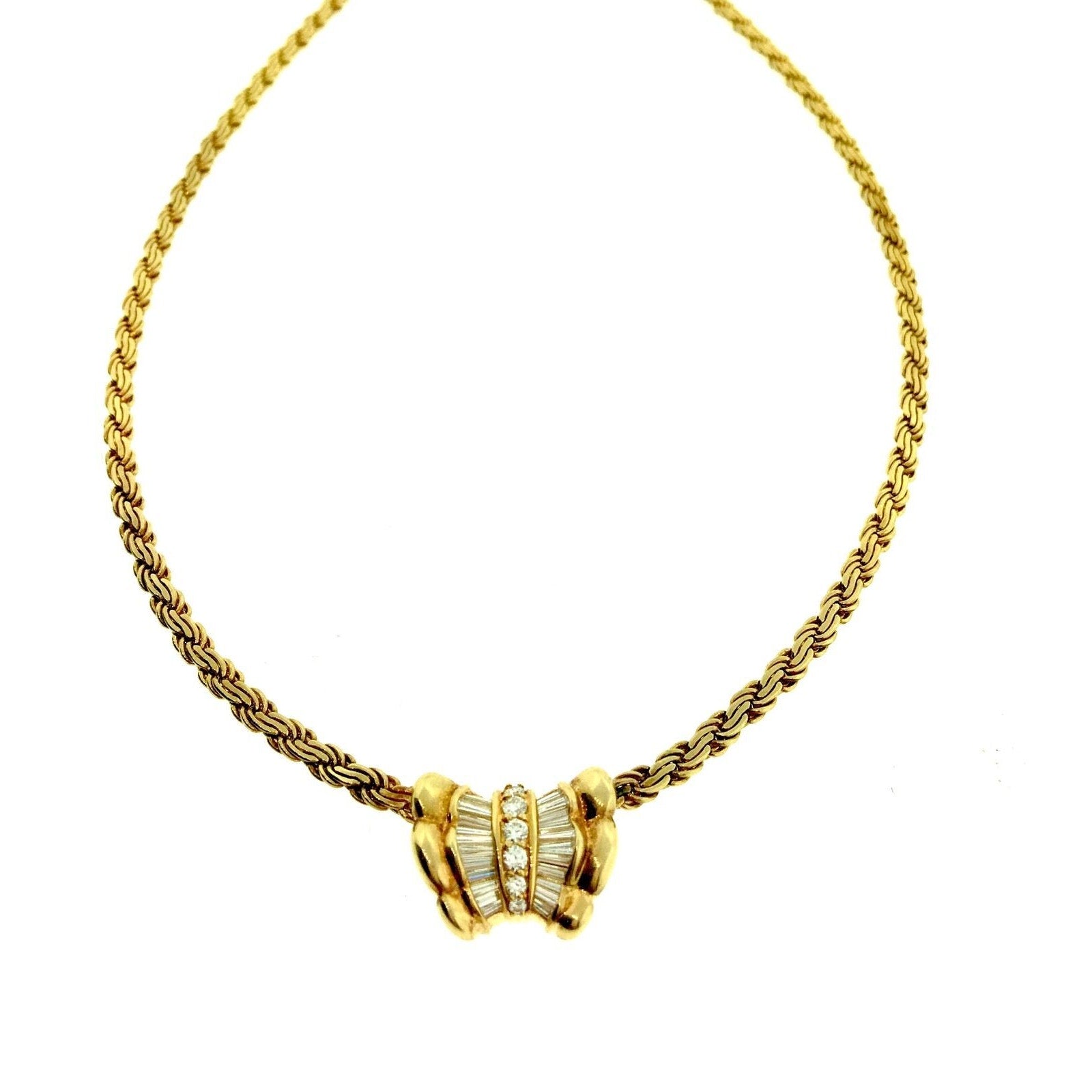 Diamond Pendant Necklace with Baguettes, 17 inches in 18k Yellow Gold