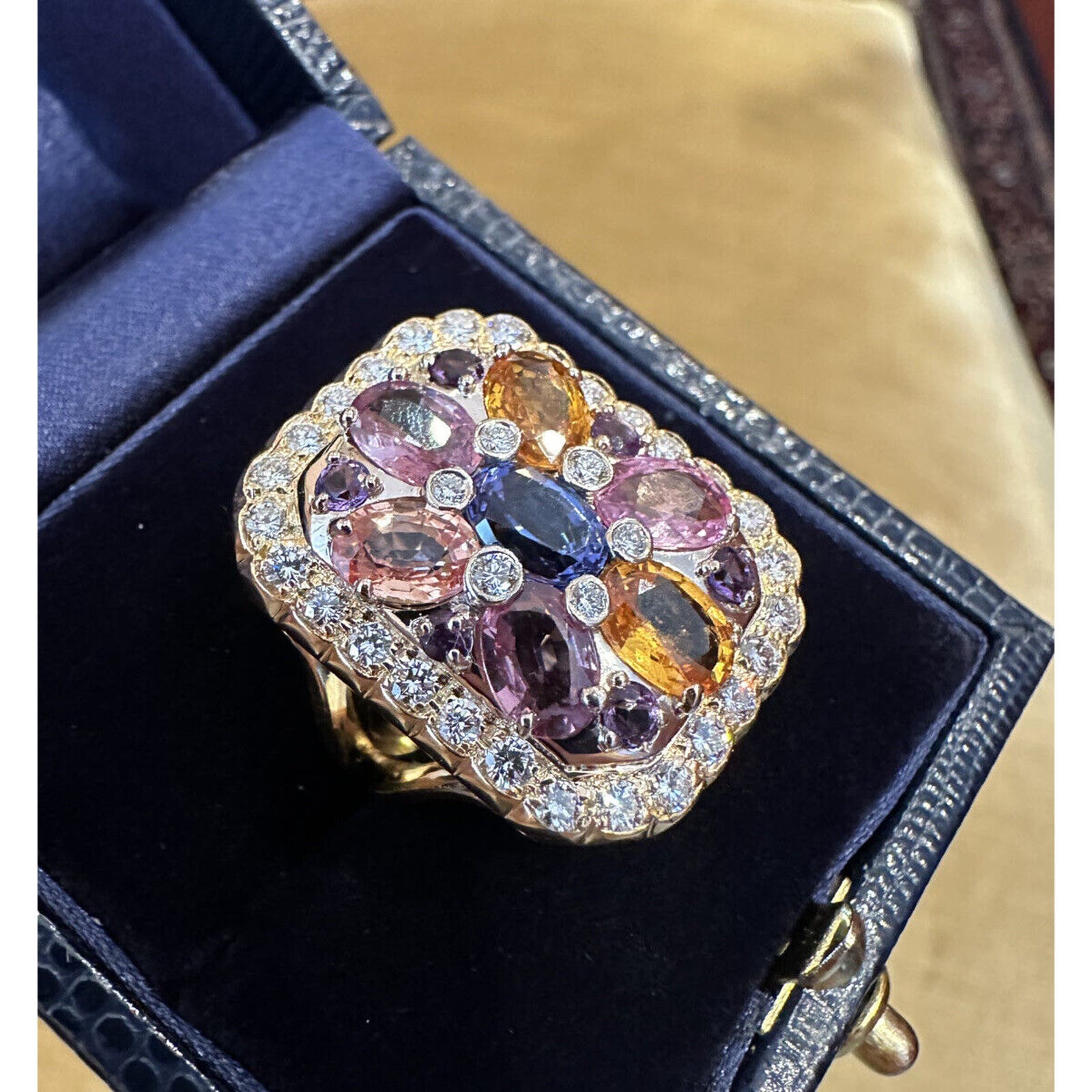 Multicolor Sapphire & Diamond Large Cocktail Ring in 18k Yellow Gold - HM2516BE