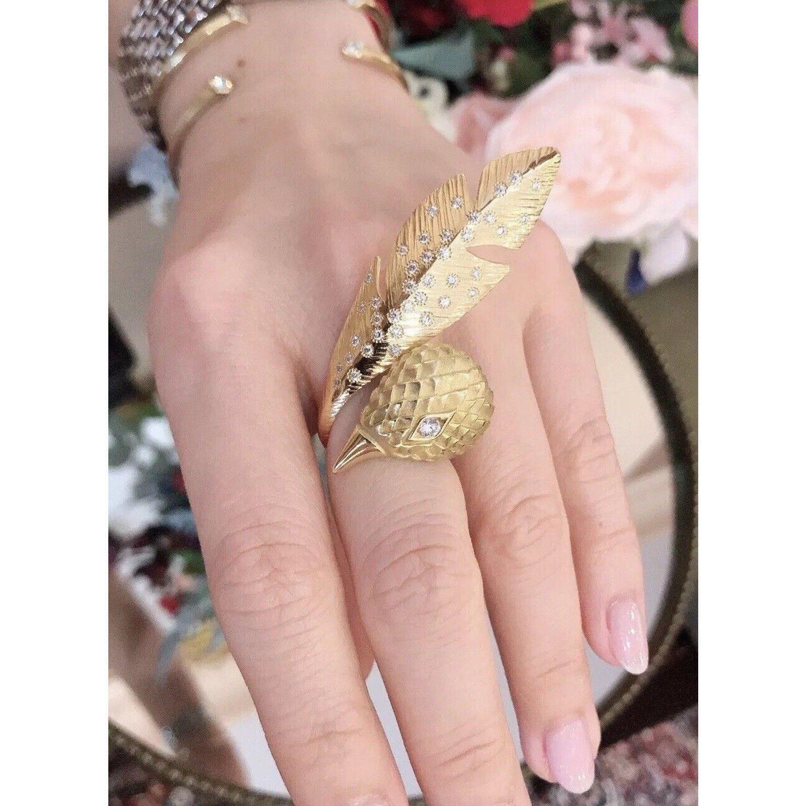 Wilfredo Rosado Bird and Feather Ring with Diamonds in 18k Yellow Gold