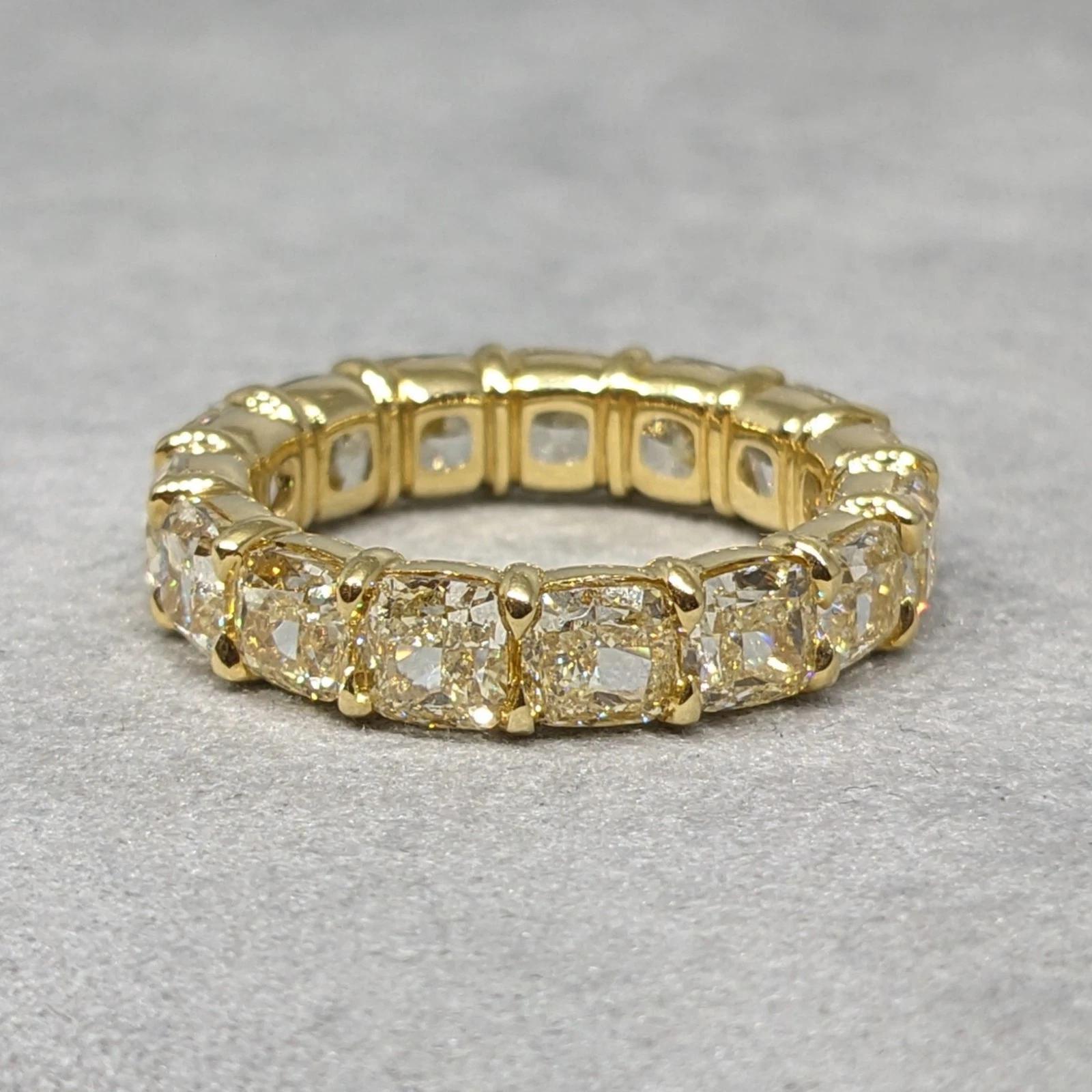 Light Yellow Cushion Diamond Eternity Ring 7.47cts in 18k Yellow Gold