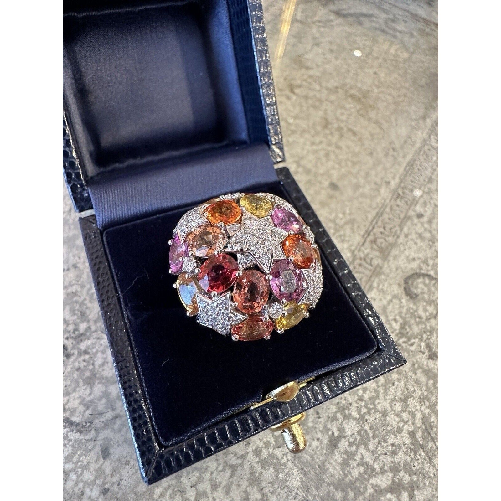 Multicolor Sapphire and Diamond Star Dome Ring in 18k White Gold