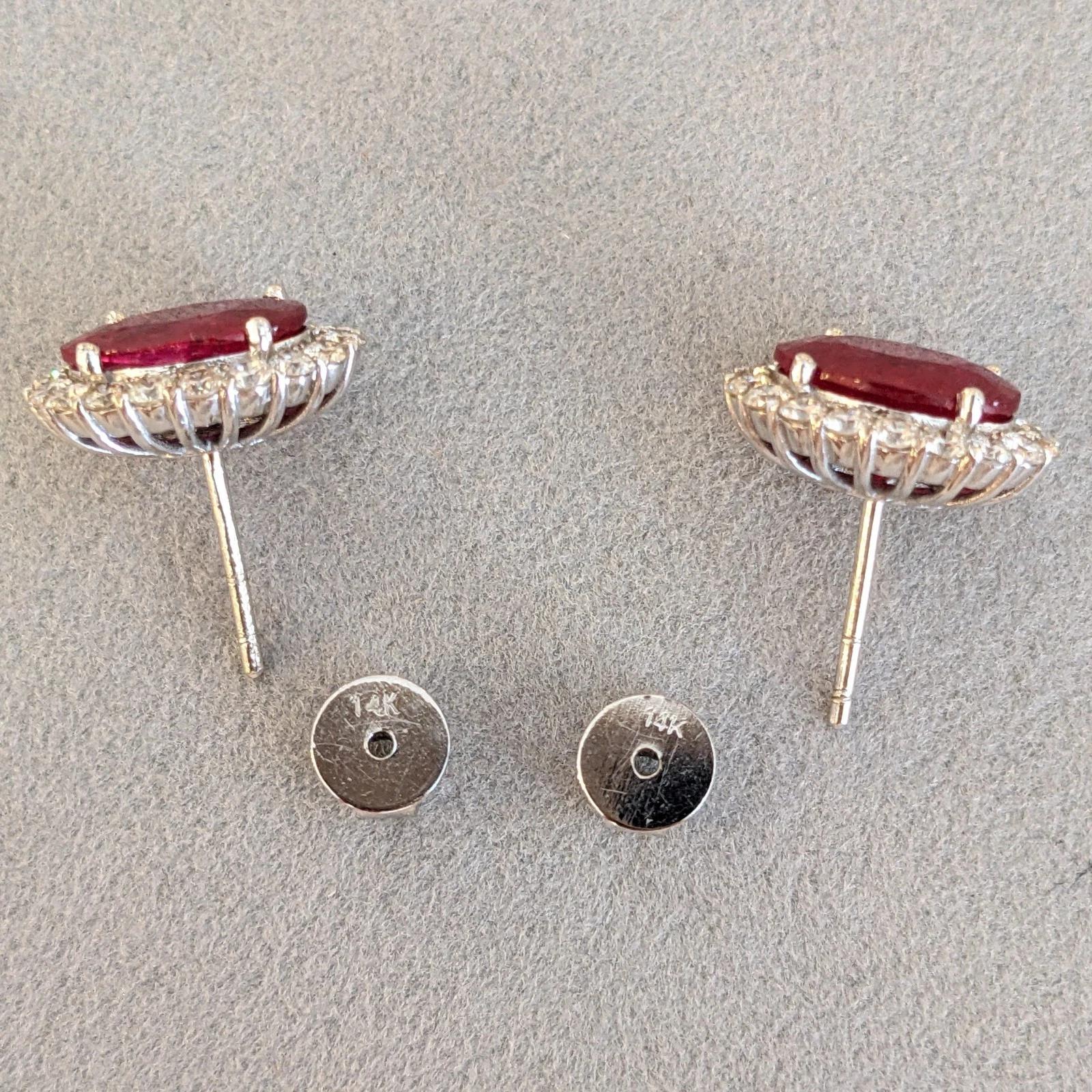 GIA Natural Oval Ruby Stud Earrings with Diamond Halo in 14k White Gold