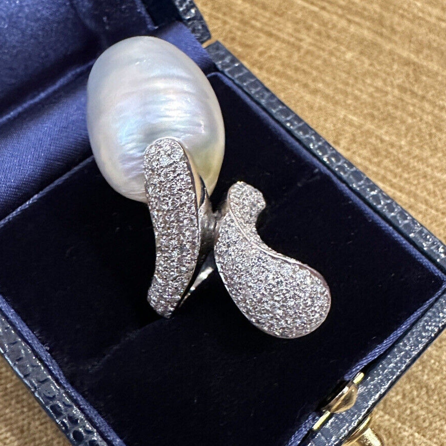 Large Baroque Pearl & Diamond Crossover Cocktail Ring in 18k White Gold