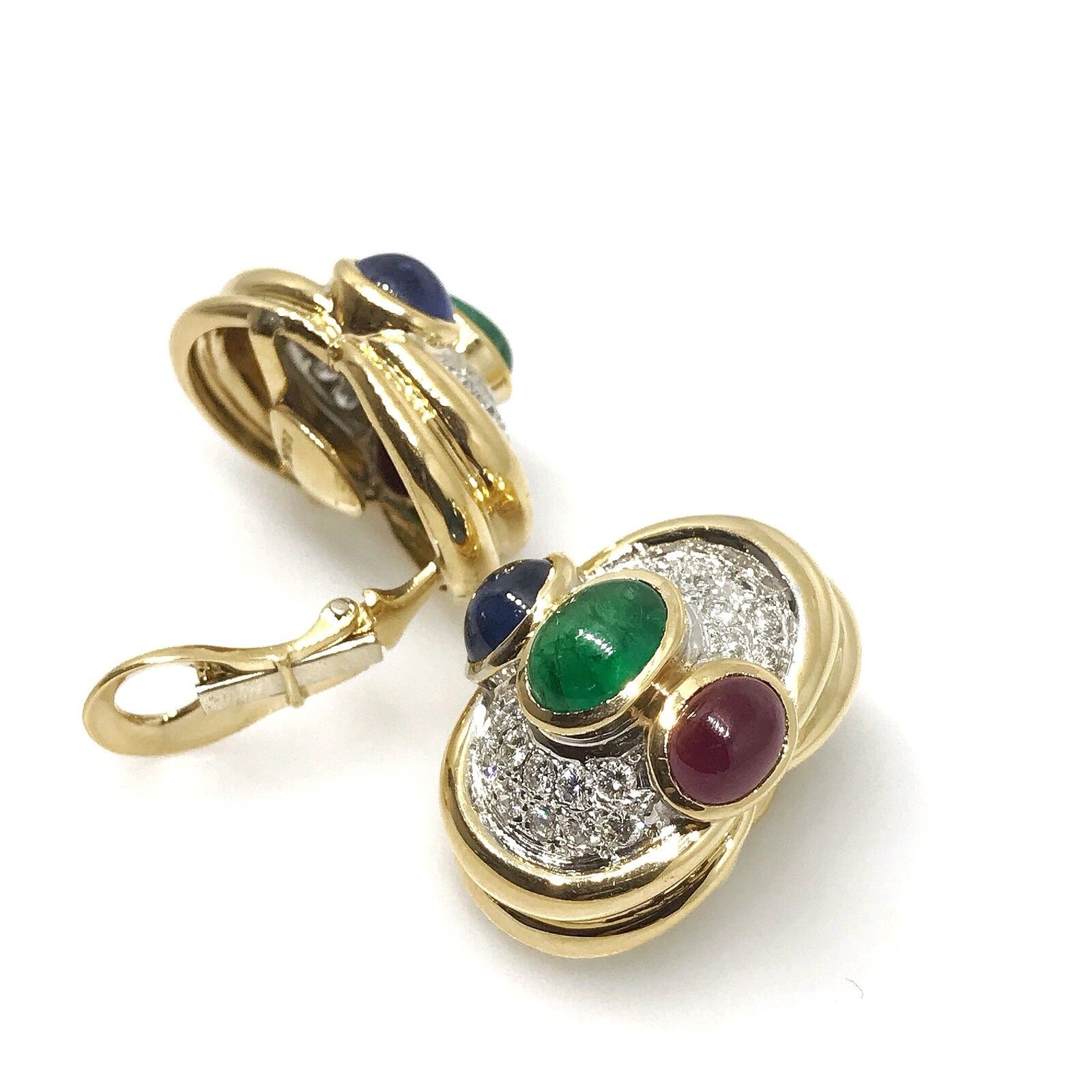 Estate Emerald Ruby and Sapphire Dome Button Earrings in 18k Yellow Gold