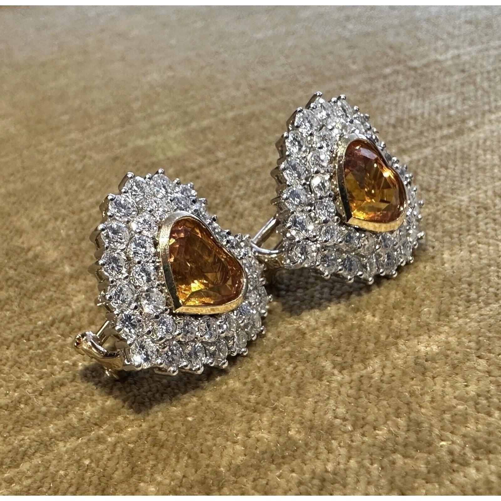 Orange Sapphire and Diamond Heart Earrings in 18k Yellow & White Gold