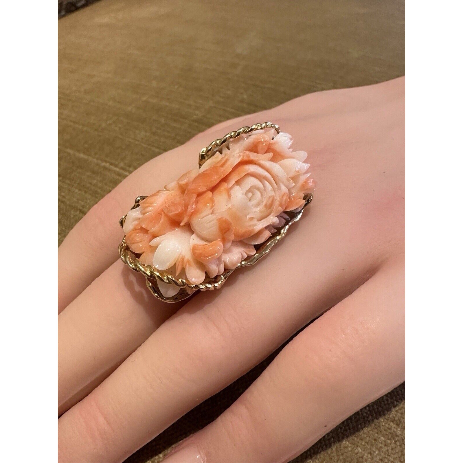 Carved Rose Angel Skin Coral Ring in 18k Yellow Gold
