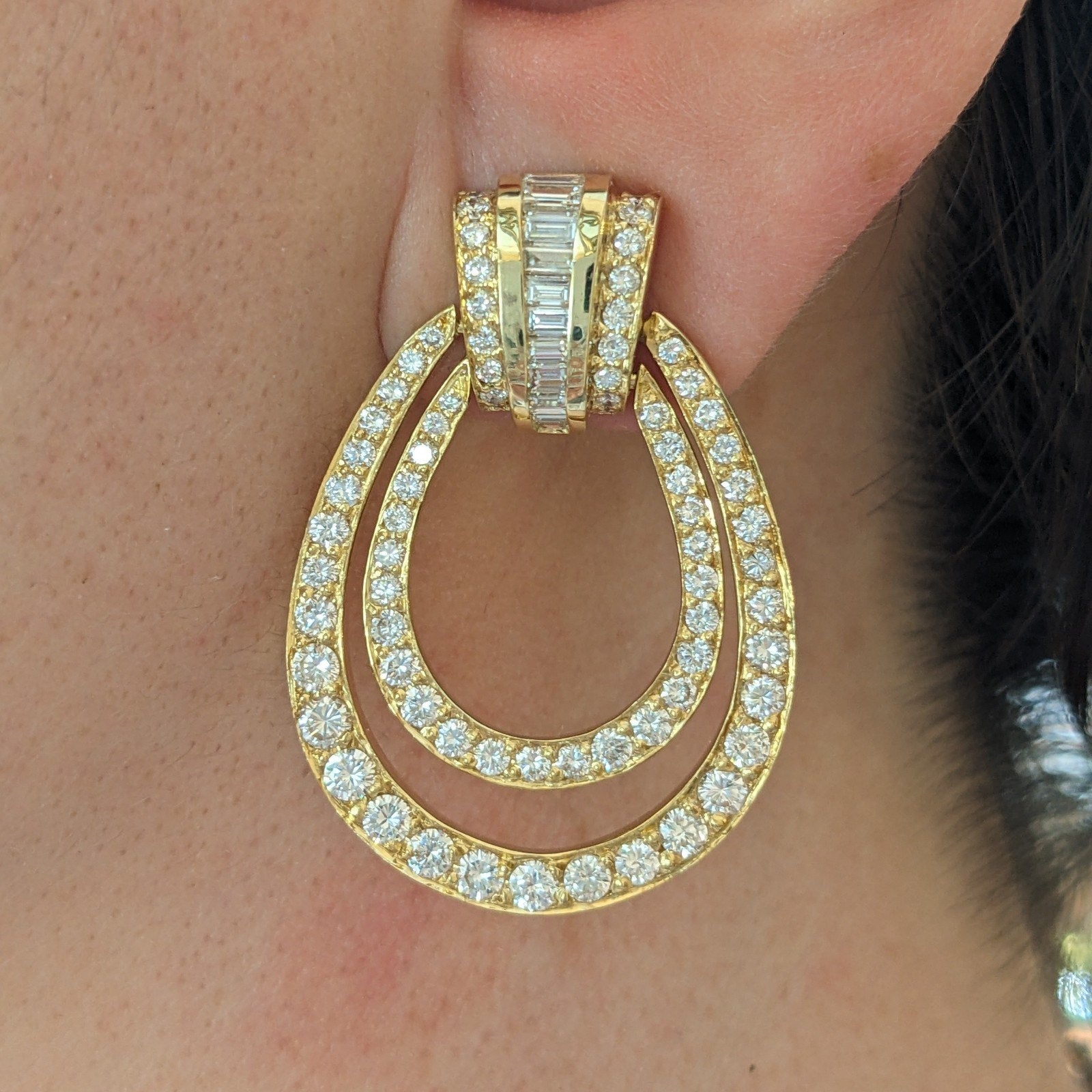 Natural Diamond Double Hoop Door-Knocker Earrings in 18k Yellow Gold