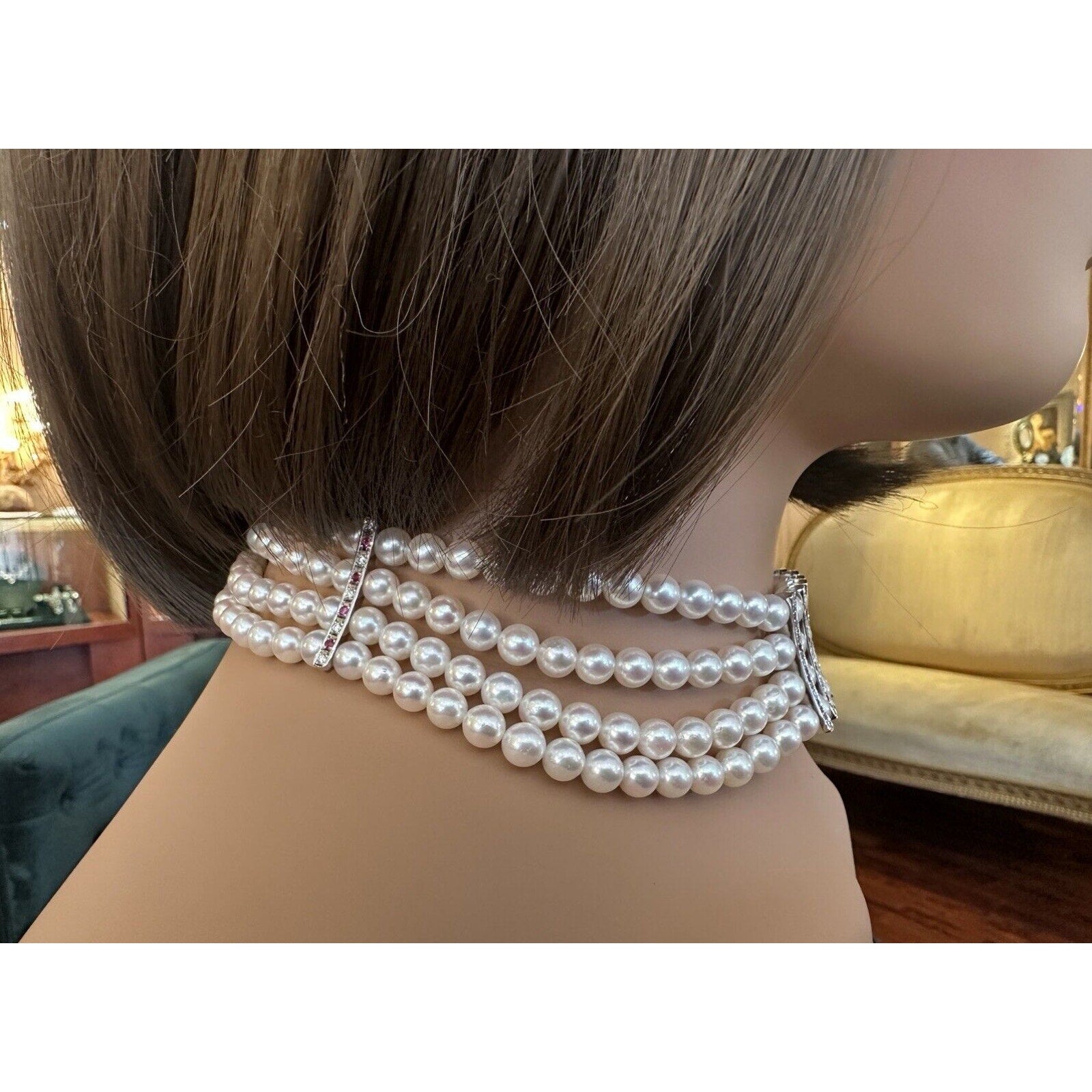 4 Row Pearl Choker Necklace with Rubies & Diamonds in Platinum