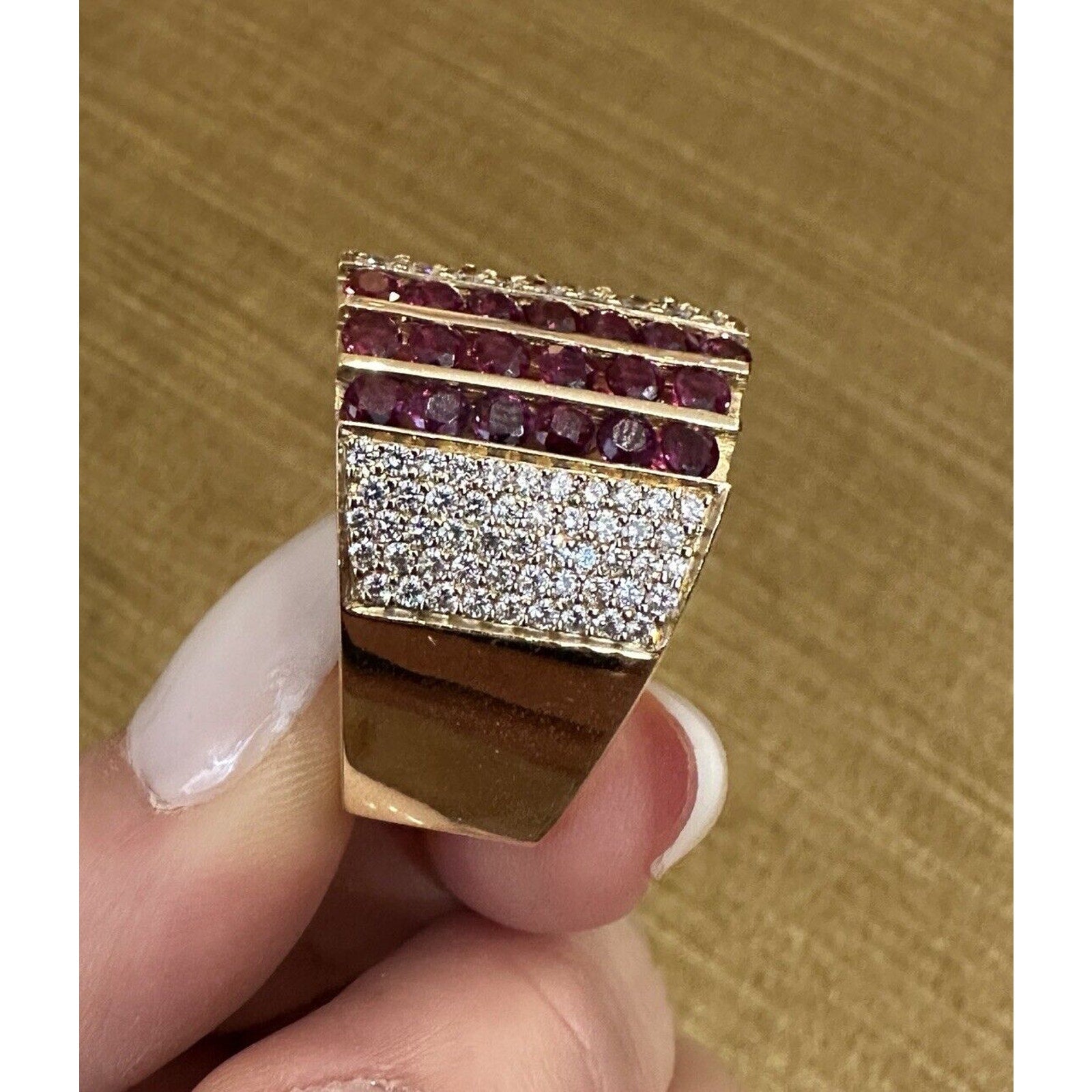 Jewels by Gauthier Wide Band Diamond and Ruby Ring in 14k Yellow Gold