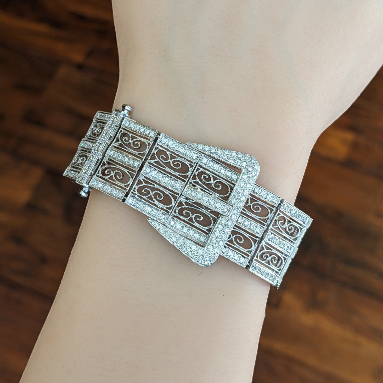 Wide Vintage Diamond Buckle Bracelet in 18k White Gold