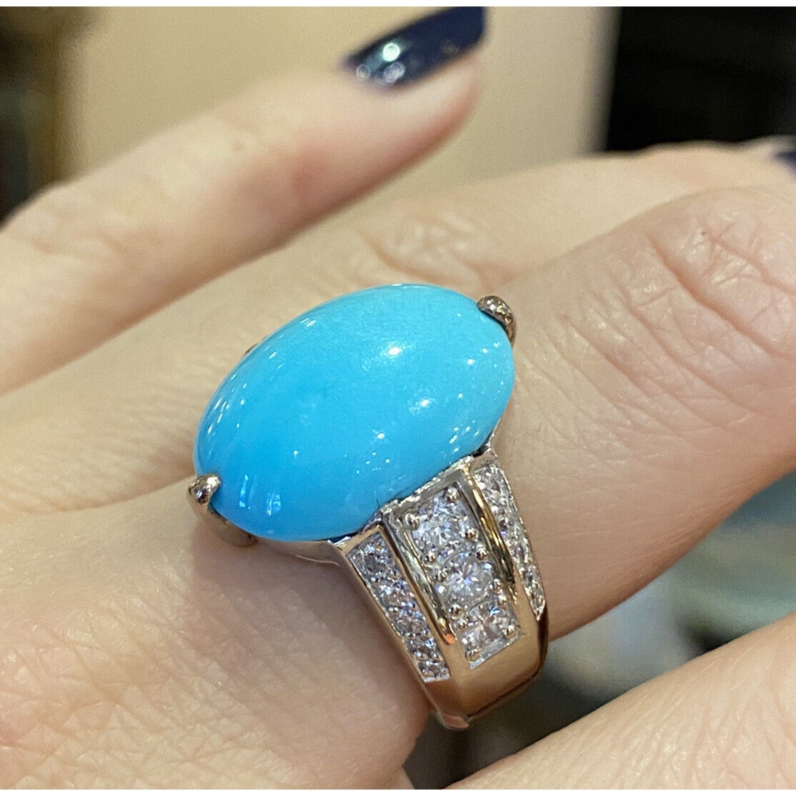 Large Natural Turquoise and Diamond Cocktail Ring in 18k White Gold