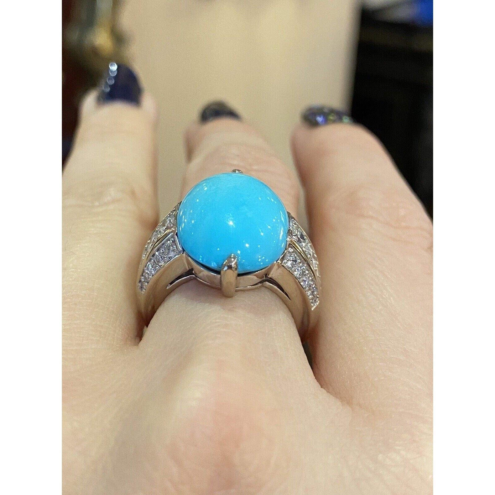 Large Natural Turquoise and Diamond Cocktail Ring in 18k White Gold